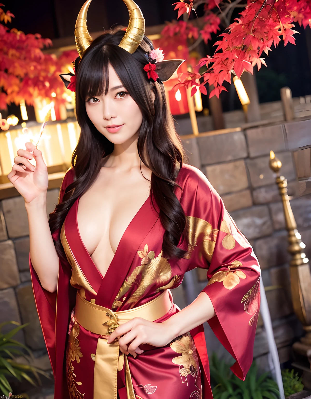 ((World of Darkness)),Professional , masterpiece、top-quality、photos realistic , depth of fields 、(sexypose)、(Red maple on full bloom background),(Ultimate Beauty)、A dark-haired、(shrine background)、(Kimono with beautiful pattern)、(Night background)、Beautiful hair ornament on the head、((Precipitous cliffs)),(Wear a beautiful kimono),(Wear a beautiful kimono with colorful floral patterns)、Jewel Gold Weapon、Particles of light),(Wearing a wizard's hat)、Gorgeous gold weapons ,Castle background、(( Gorgeous Dragon Sword)) , (a dark night),,(maikurobikini) 、((Black Haired Beautiful Girl))、(Castle background)、(demonic wings)、((Gangle's forest background))、Beautiful Caucasian beauty、1a person、dynamic ungle,(((Two devil's horns on the head)))、Smaller head、Idle Smile、Thin and beautiful female hands、Mystical expression、Light Effects、intense fighting、Wind-effect、magic circles、With the legendary magic wand、Dragon's tail、