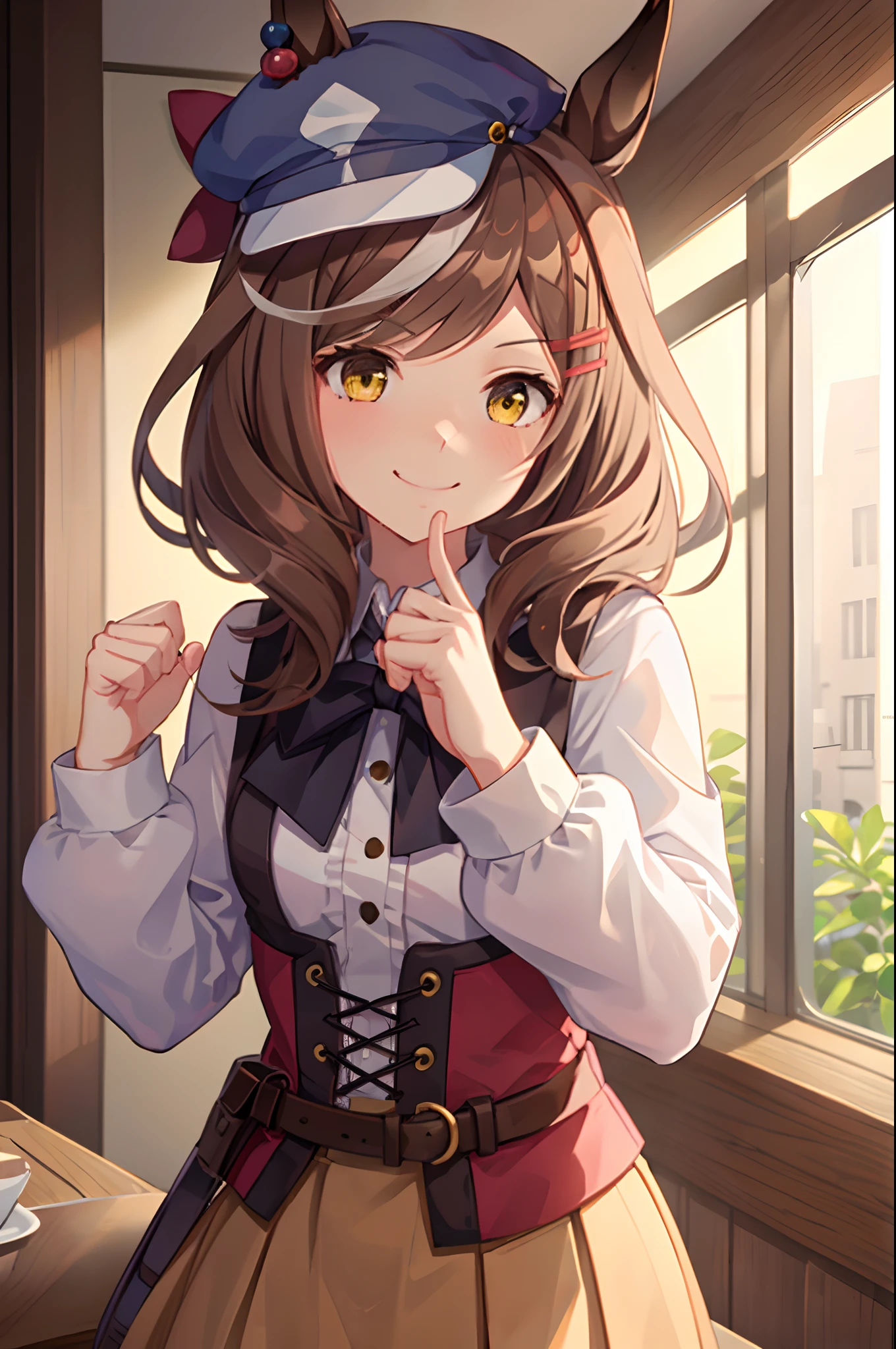 (masutepiece.top-quality).1 girl in.brown haired.short-cut.Yellow eyes.Horse-eared girl.Brown horse tail.a small hat in one ear,,.(Hands up, Elbows on the table, face palm).Onegirl.(a smile:1.2)