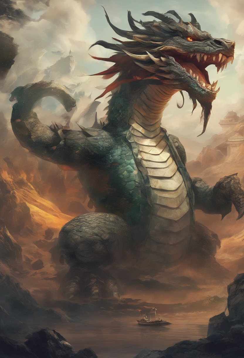 Dragon turtle,Huge, Heavy tortoiseshell shell,Chinese leader,The long tail of the snake,swell sea,China-style,oc rendered,super-fine,high qulity,A high resolution