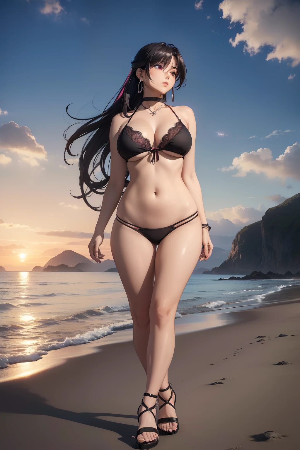 (masterpiece, best quality, ultra-detailed, 8k, wallpaper, photorealistic), ((wide shot)), ((voluptuous body)), ((perfect hands)), ((perfect anatomy)), large cleavage, long round legs, round ass, ((alluring anime girl)), ((Akeno Himejima)), (very long black hair and violet eyes), (her hair is usually tied in a very long ponytail), (she wears a maroon bandeau-style top bikini), (maroon color for the bikini bottoms, sleek and simple with moderate coverage, you can add lace or mesh panels along the sides to mirror the top's detailing), (a silver or black choker necklace with a lightning bolt pendant to accentuate her character's abilities, silver hoop earrings for a touch of elegance, strappy black sandals with silver accents to complement the ensemble), (background: sunset, seaside, mountain, horizon)