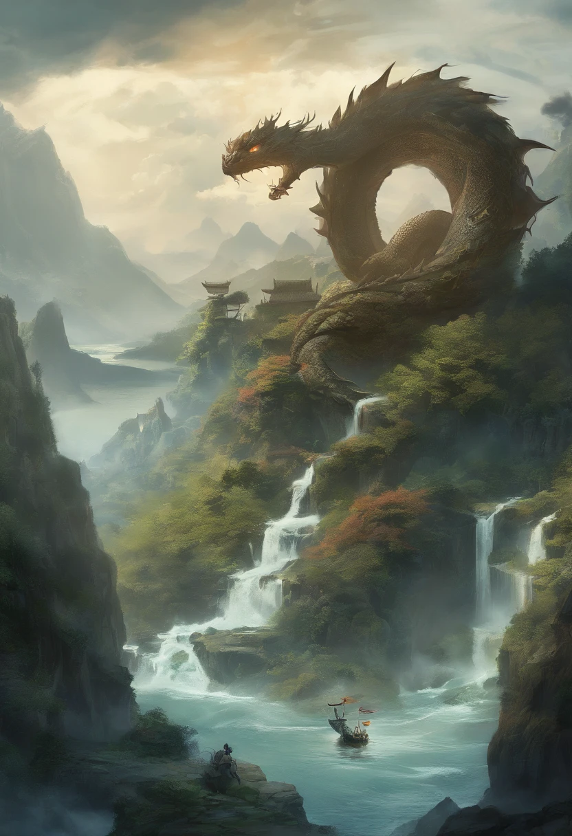 Dragon turtle，Huge, Heavy tortoiseshell shell，Chinese leader，The long tail of the snake，swell sea，China-style，oc rendered，super-fine，high qulity，A high resolution