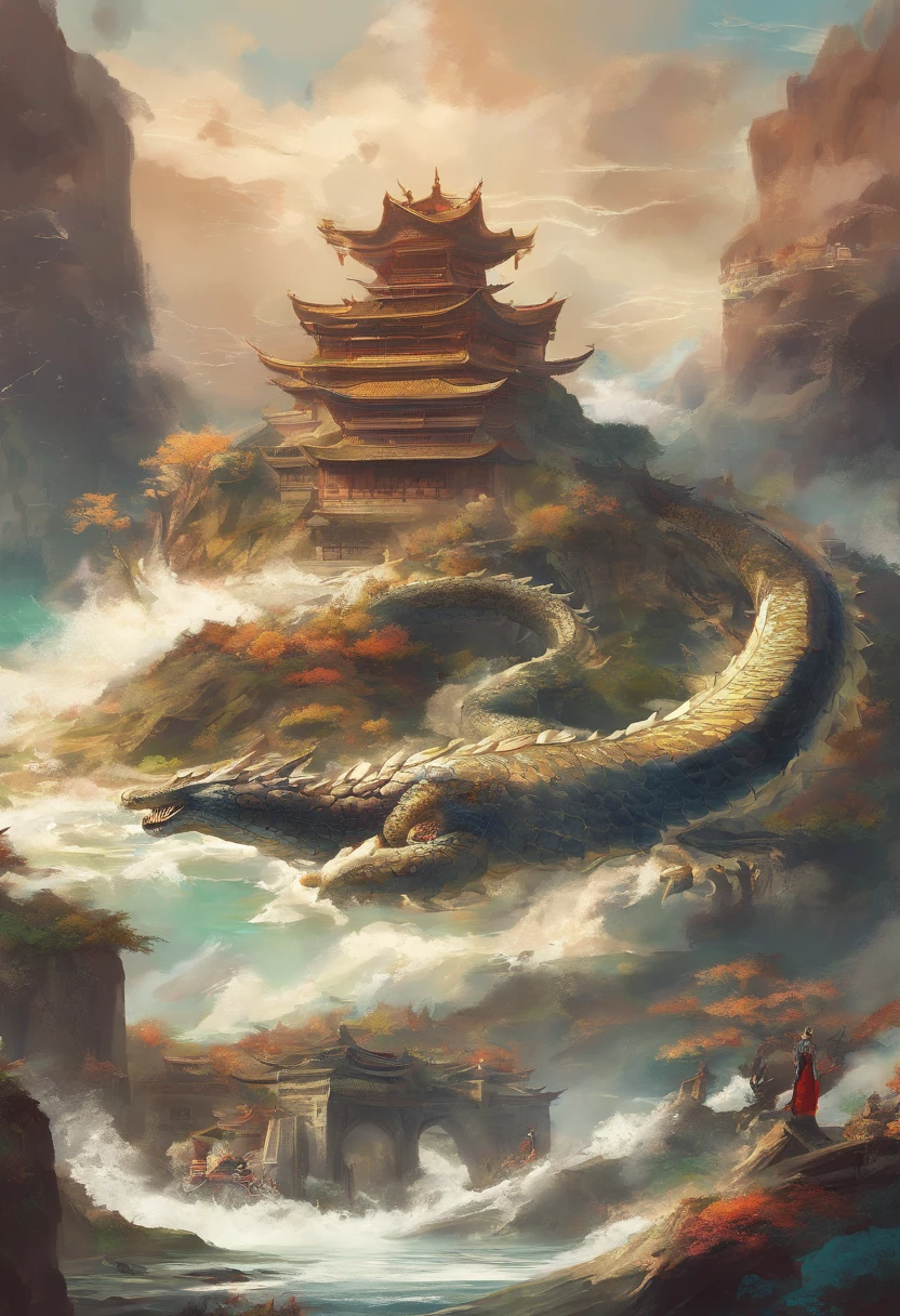 Dragon turtle,Huge, Heavy tortoiseshell shell,Chinese leader,The long tail of the snake,soaring waves,China-style,oc rendered,super-fine,high qulity,8K high resolution,ultra - detailed