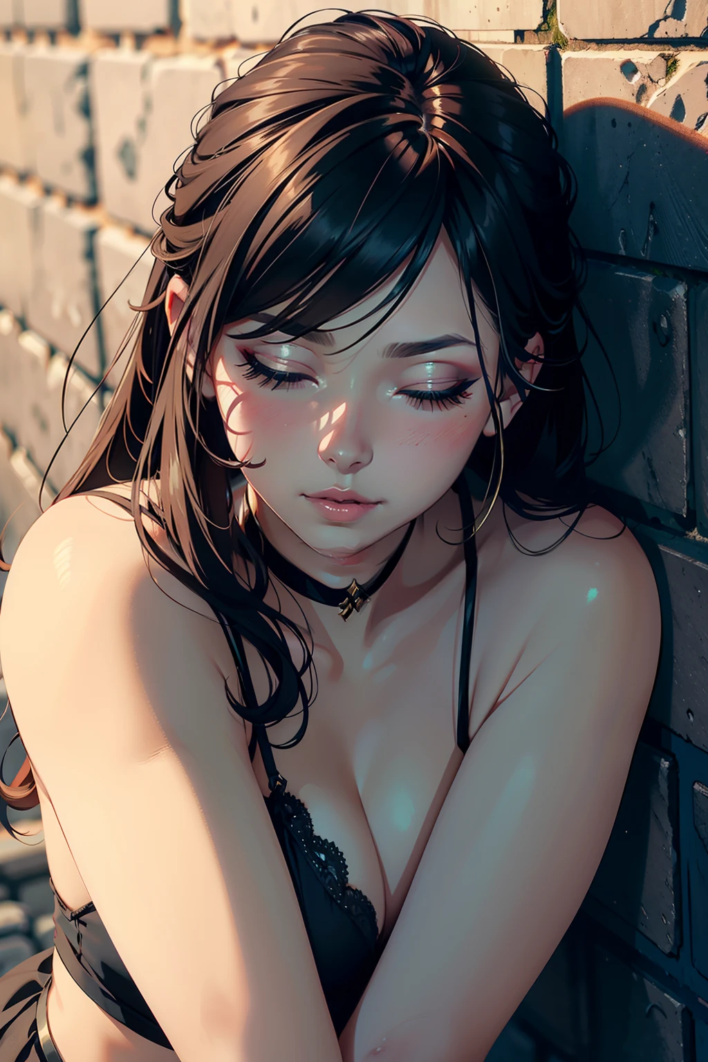 Close up shot of a woman who has closed her eyes and parted her perfect lips, blushing very hard, kissable face and lips, amazing makeup, against a wall