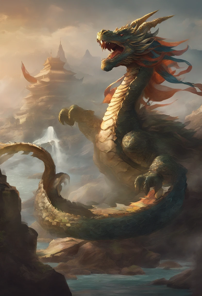 Dragon turtle,Huge, Heavy tortoiseshell shell,Chinese leader,The long tail of the snake,swell sea,China-style,oc rendered,super-fine,high qulity,A high resolution