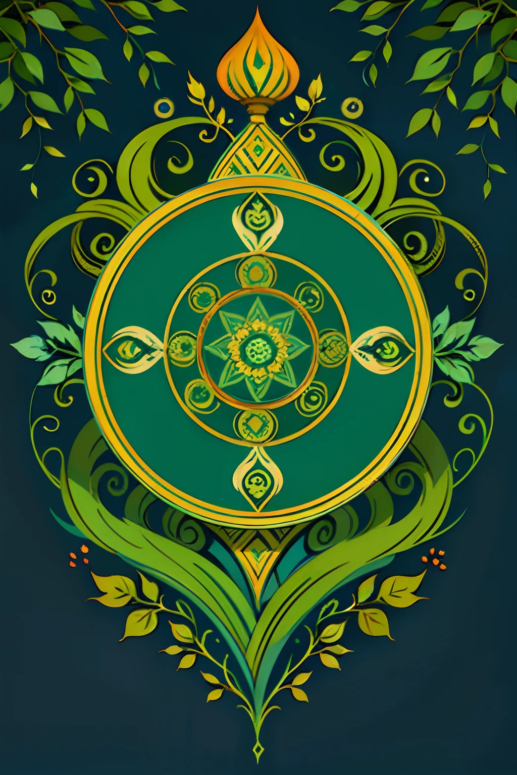 A round ornamental six pointed mandala made of radiating green vegetation, plants and vines.