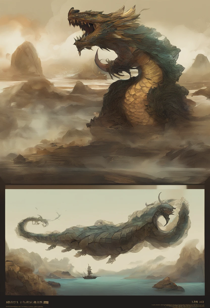 Dragon turtle，Huge, Heavy tortoiseshell shell，Chinese leader，The long tail of the snake，swell sea，China-style，oc rendered，super-fine，high qulity，A high resolution