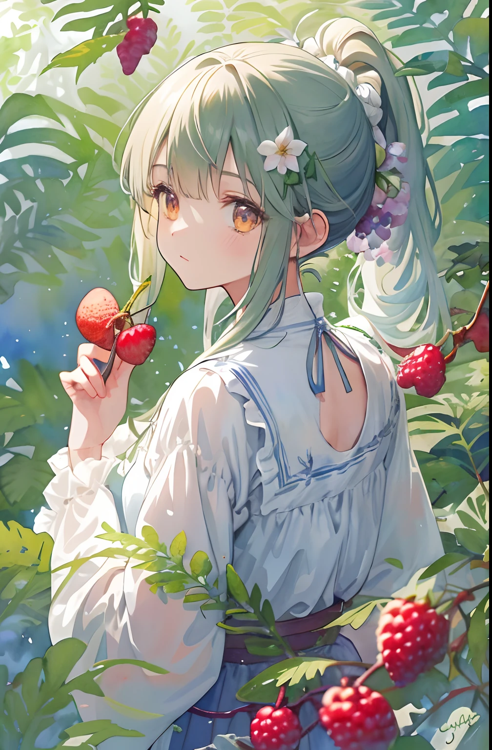 ((ultra - detailed),#3b4195 background,beautiful  flowers,berries,fern,foliage,Watercolor pattern in calm colors),(Watercolor texture), ((1girll),Long hair tied in a ponytail，gentle and cute，