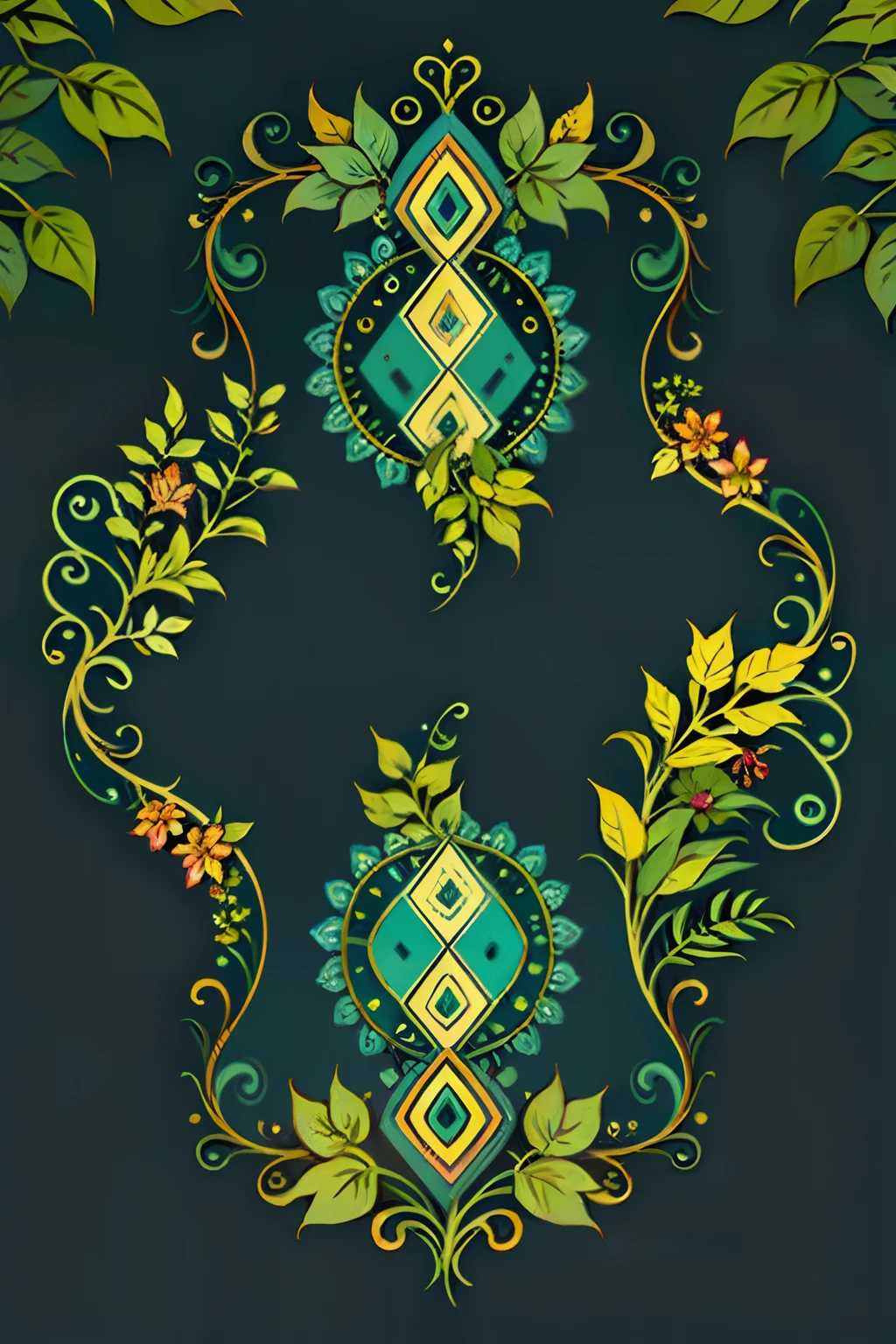 A round ornamental six pointed mandala made of radiating green vegetation, plants and vines.
