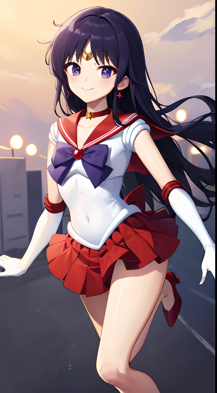 ​masterpiece、top-quality、Hi-Res、SAMA1、tiarra、Sailor Senshi Uniform、white glove、Red sailor collar、a red skirt、star choker、elbowgloves、pleatedskirt、Bare legged、Purple bow、deph of field、high-heels、A smile、masuter piece、Mards