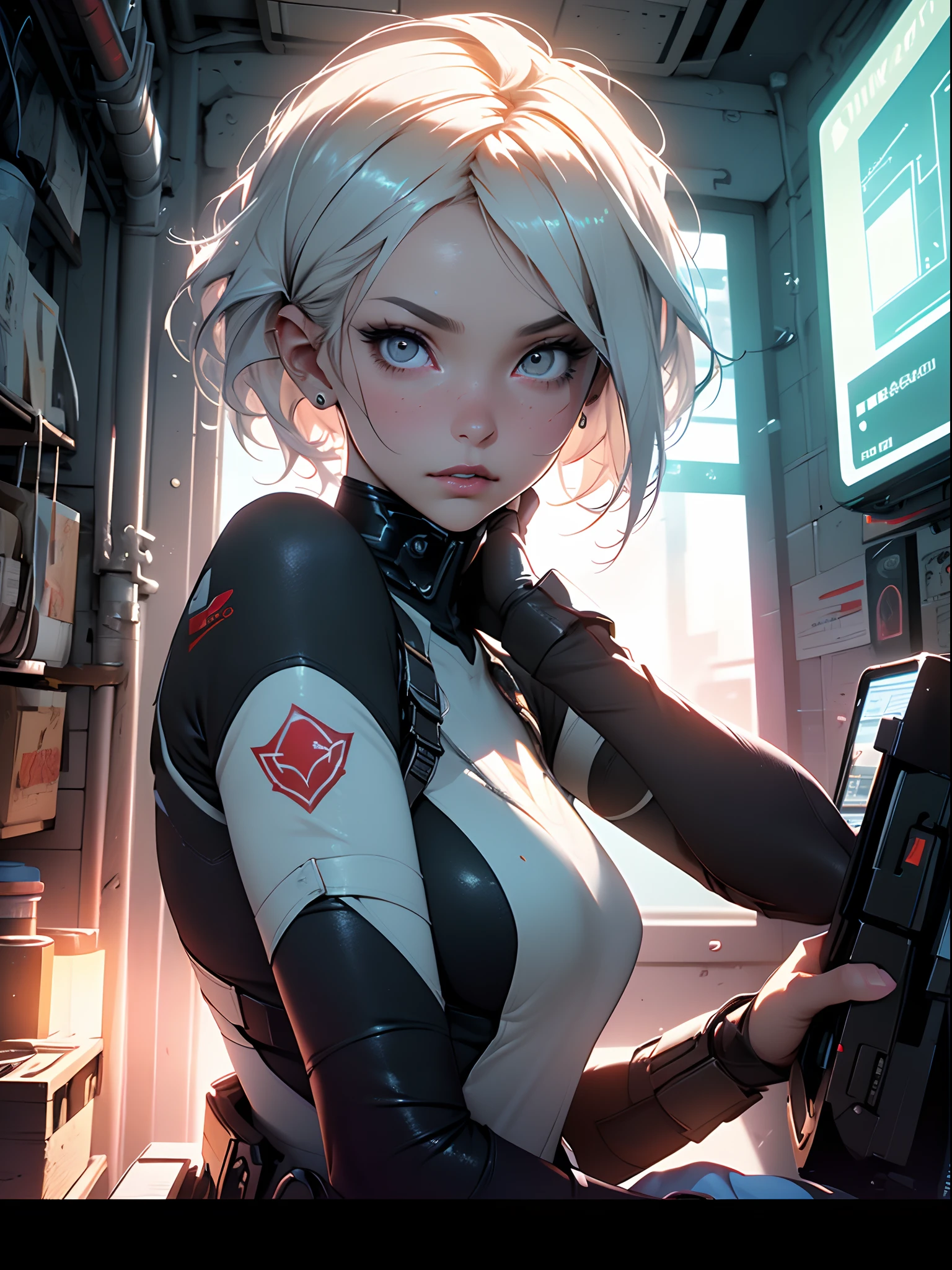 (Best Quality), ((Masterpiece), (Detail: 1.4), 3D, A Beautiful Cyberpunk Woman, HDR (High Dynamic Range), Yong White Woman, Clean Face, Sensual Pose, Shiny Skin, High Contrast, Short Colored Mohawk Hair, Ray Graphics by Clothing, On A Lunar Station, Ships Can Be Seen Through The Large Window, Satin Apparel, Ray Tracing, NVIDIA RTX, Super-Resolution, Unreal 5, Subsurface Scattering, PBR Textures,  Post-Processing, Anisotropic Filtering, Depth of Field, Maximum Sharpness and Sharpening, Multilayer Textures, Albedo and Enhancement Maps, Surface Shading, Accurate simulation of light-material interactions, perfect proportions, Octane Render, Two-color light, large aperture, low ISO, white balance, rule of thirds, 8K RAW,