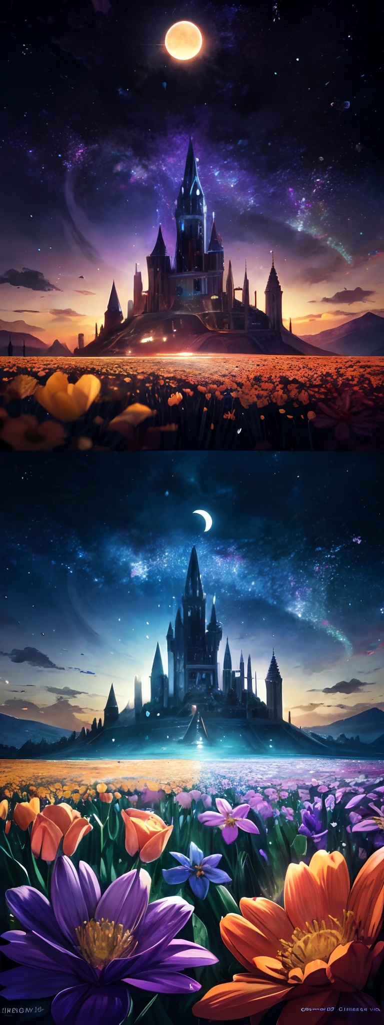 Expansive landscape photograph,(look from down,Above is the sky,Below are open fields),The wizard stands on a field of flowers,looking away up。,sky-high tower,(moon full:1.2),(meteors:0.9),(Starcloud:1.3),Far Mountain, Tree BREAK making art,(Warm light source:1.2),(glowworm:1.2),lamp lights,Lots of purple and orange,Complicated details,Volumetriclighting,Realism BREAK(tmasterpiece:1.2),(best qualtiy),4K,Ultra-detailed,(dynamic compositions:1.4),The is very detailed,Colorful details,(Irridescent color:1.2),(luminouslighting,Atmospheric lighting),dream magical,magical,(独奏:1.2)