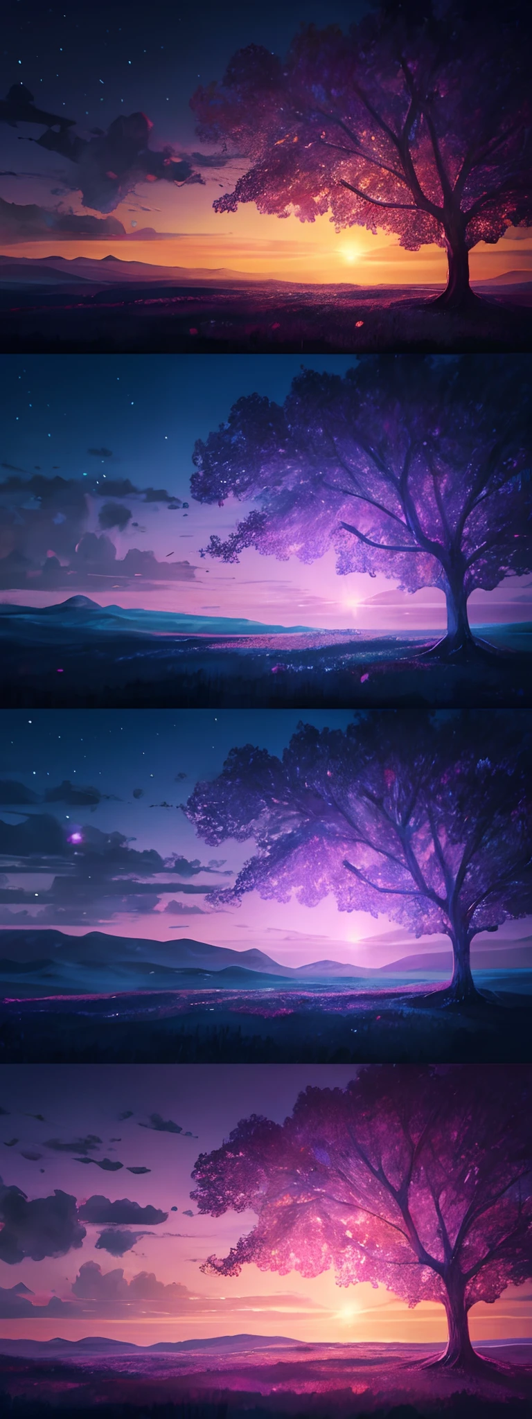 Expansive landscape photograph,(look from down,Above is the sky,Below are open fields),The wizard stands on a field of flowers,looking away up。,sky-high tower,(moon full:1.2),(meteors:0.9),(Starcloud:1.3),Far Mountain, Tree BREAK making art,(Warm light source:1.2),(glowworm:1.2),lamp lights,Lots of purple and orange,Complicated details,Volumetriclighting,Realism BREAK(tmasterpiece:1.2),(best qualtiy),4K,Ultra-detailed,(dynamic compositions:1.4),The is very detailed,Colorful details,(Irridescent color:1.2),(luminouslighting,Atmospheric lighting),dream magical,magical,(独奏:1.2)