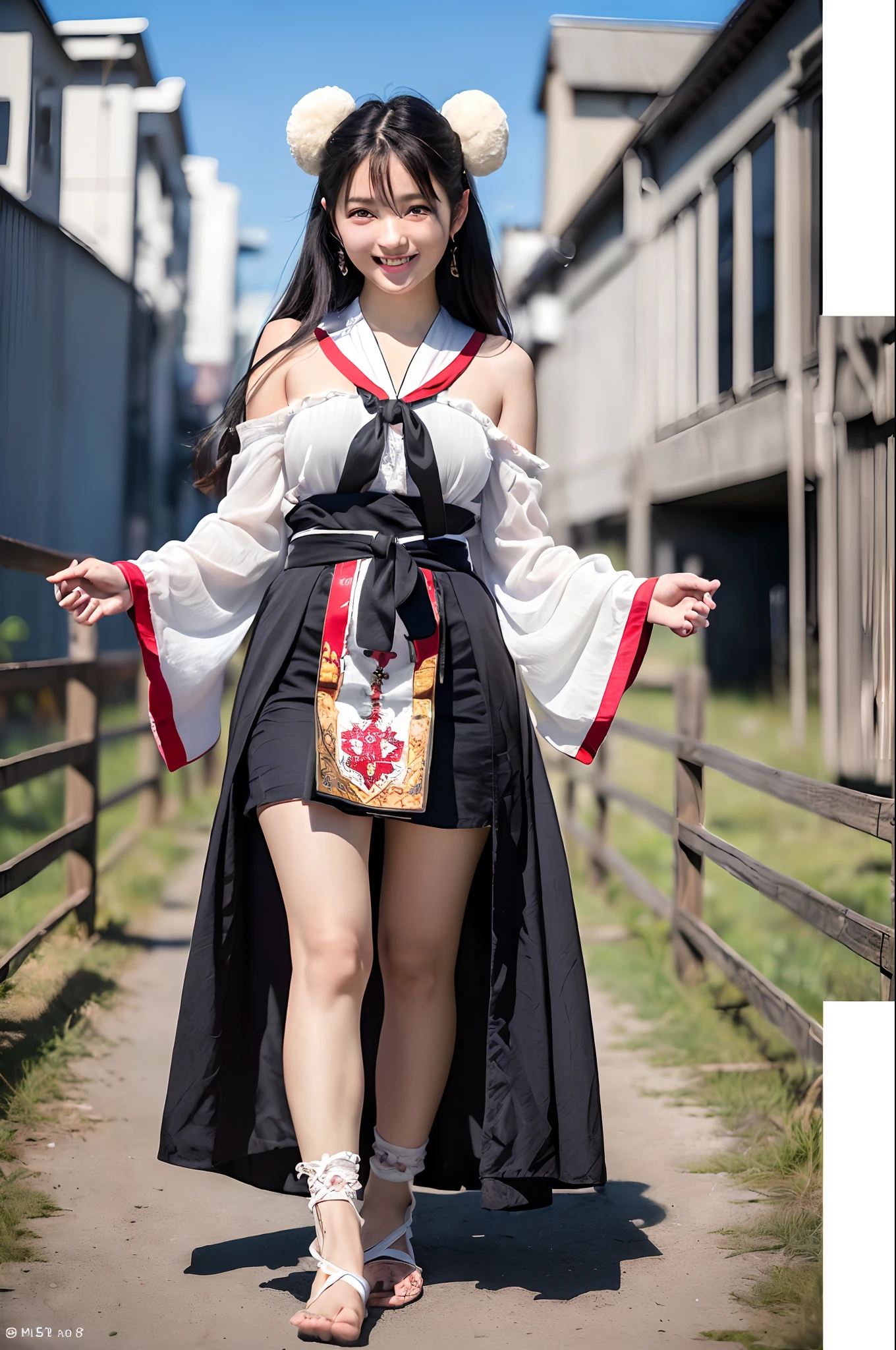 ((8K、Raw photography、Top image quality、masterpiece、:1.2)), (realisitic、Photorealsitic:1.3), Ainu female idols, e 15 man in Ainu costume, Female Idol Style Costume, Beautiful bare feet, Smile with all your might, Stage of an outdoor concert venue, Background of Hokkaido, cowboy shot, dynamic ungle