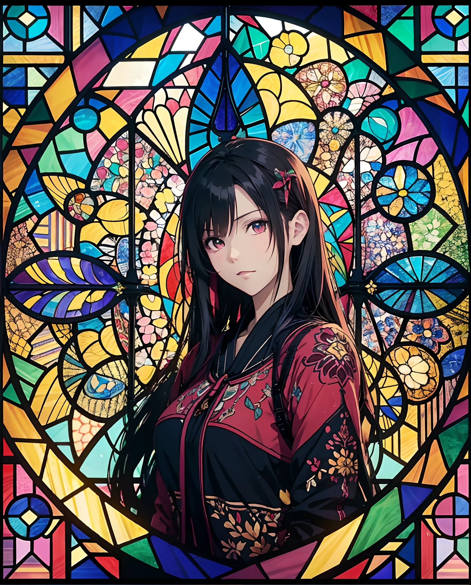 (masutepiece, of the highest quality, Best Quality,Official art, Beautiful and aesthetic:1.2),(1girl in:1.3), 1 Girl BREAK Stained Glass Art, Colored Glass, Lead Line, Light transmission breaks bright colors, intricate designs, luminous effect, Spiritual atmosphere