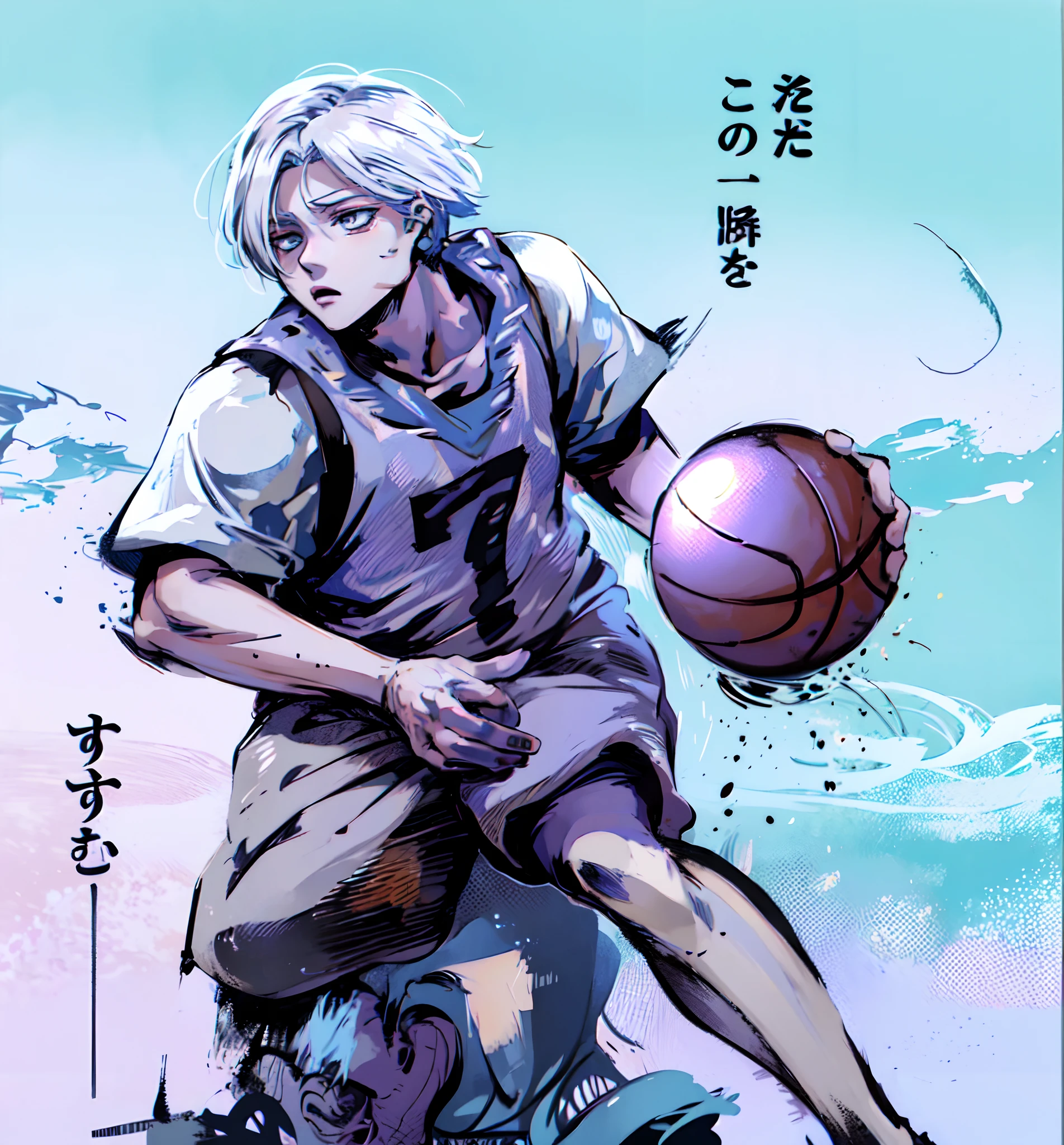 a anime of a boy cartoon, white hair, basketball, shirt, short, manga, text manga, color manga, manga color, color manga, color manga panel, simple background