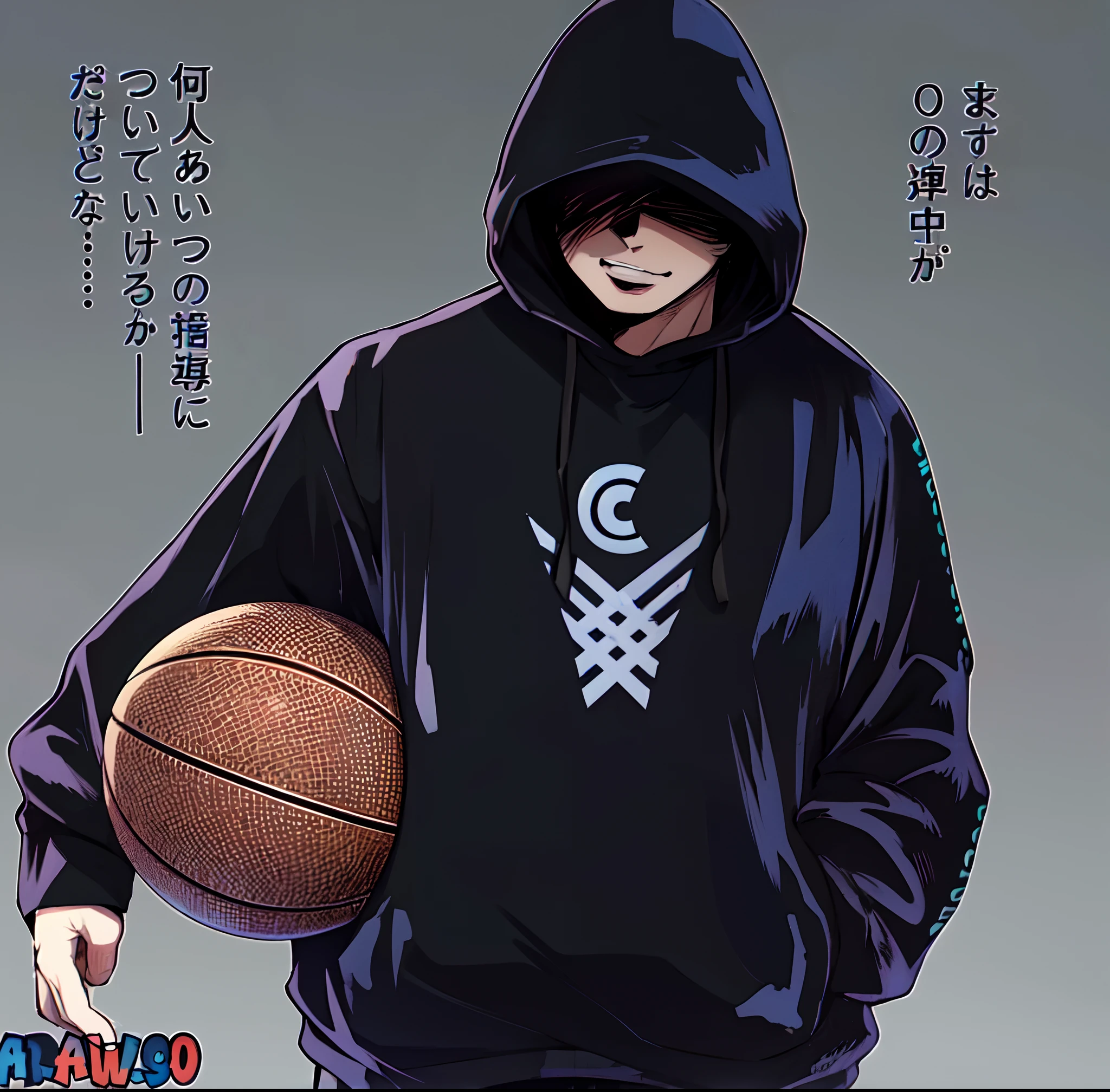 a anime of a boy cartoon, mysterious man, black hoodie, basketball, no eyes, manga, text manga, color manga, manga color, color manga, color manga panel, a white background
