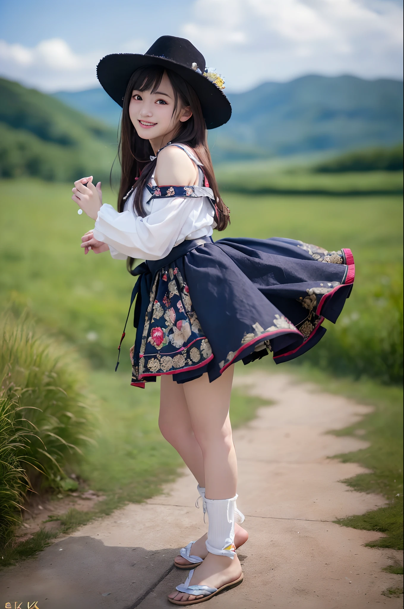 ((8K、Raw photography、Top image quality、​masterpiece、:1.2)), (realisitic、Photorealsitic:1.3), Ainu female idols, Cute 15 year old woman in Ainu costume, Female Idol Style Costume, Beautiful bare feet, Smile with all your might, Stage of an outdoor concert venue, Background of Hokkaido, cowboy  shot, dynamic ungle