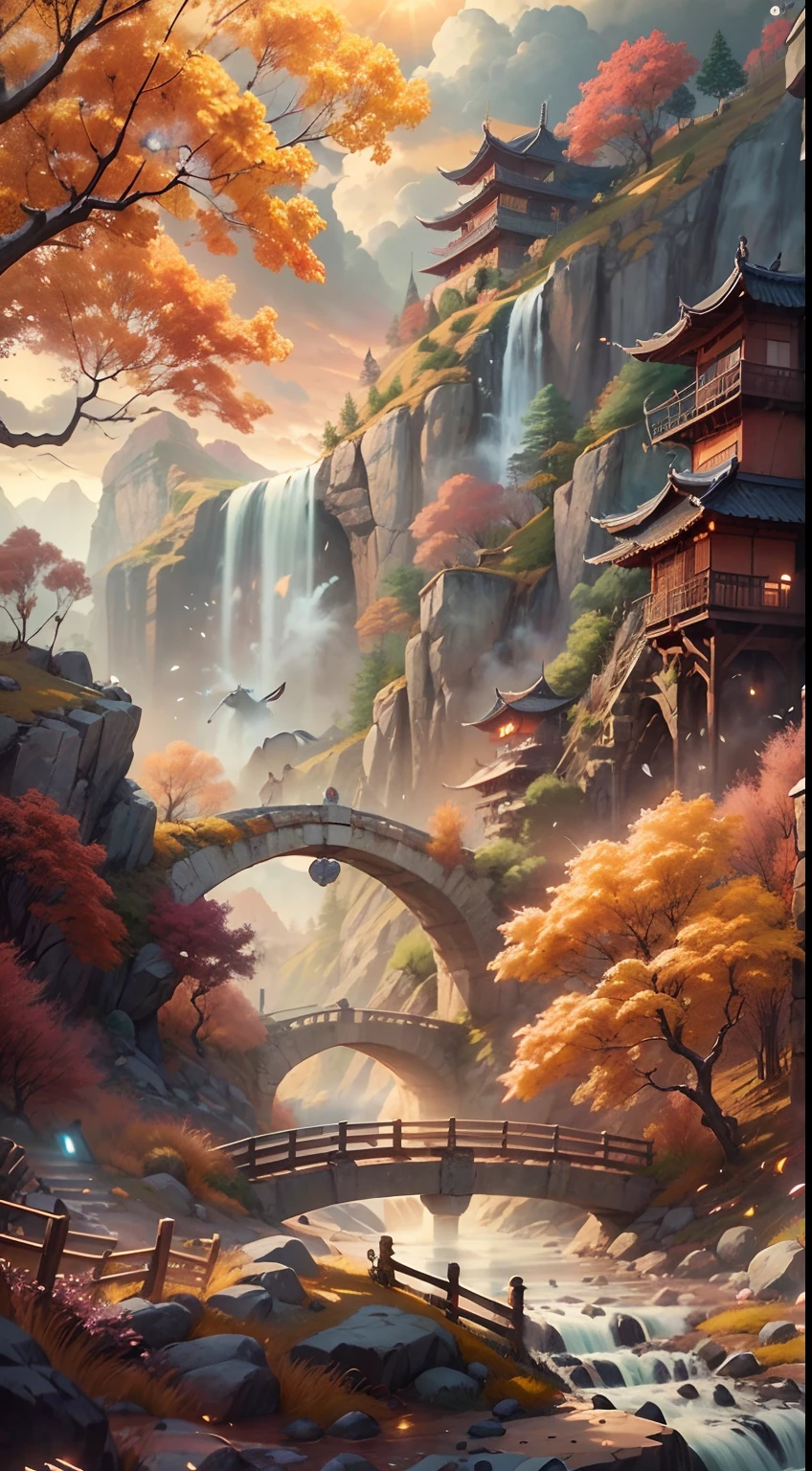 (Small bridges and flowing water,Ancient road west wind thin horse,Sunset,Broken intestines are at the end of the world)(Ancient trails lead into the distance),(A small arch bridge spans a small river,The river meanders into the distance),(The sky is windy,Fluttering yellow leaves),(A skinny white horse is pacing),(The vista is an oblique view of the sunset),(The afterglow of the setting sun shines through the clouds),(Autumn tones),(Ancient Chinese feng shui ink landscape painting style),(Masterpiece),(A complete painting),(Extremely detailed picture),(light and shadow effect),(Movie lighting),(cinema4d),(Light particle tracing),(rendering by octane),(Unreal 5),(Layered artistic effects),(Best Painting),(Master painting),(8K分辨率),photorealestic,realisticlying