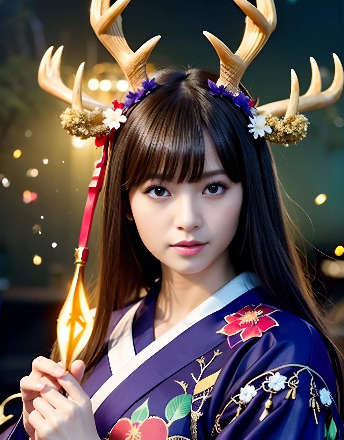 ((World of Darkness)),Professional , masterpiece、top-quality、photos realistic , depth of fields 、(Maiko's hairstyle)、(Maple background in full bloom),(Ultimate Beauty)、Red-haired、(Fight ninjas)、(Kimono with beautiful pattern)、(Night background)、((a dark night)),(Wear a beautiful kimono),(Wear a beautiful kimono with colorful floral patterns)、Jewel Gold Weapon、Particles of light),(Castle background)、Gorgeous gold weapons ,(( Gorgeous weapon Dragon Sword)) , (a dark night),,(maikurobikini) 、((Black Haired Beautiful Girl))、(Castle background)、(demonic wings)、((Gangle's forest background))、Beautiful Caucasian beauty、1a person、dynamic ungle,(((Two deer antlers on the head)))、Smaller head、Idle Smile、Thin and beautiful female hands、Mystical expression、Light Effects、intense fighting、Wind-effect、magic circles、With the legendary magic wand、Dragon's tail、Anatomically correct body、