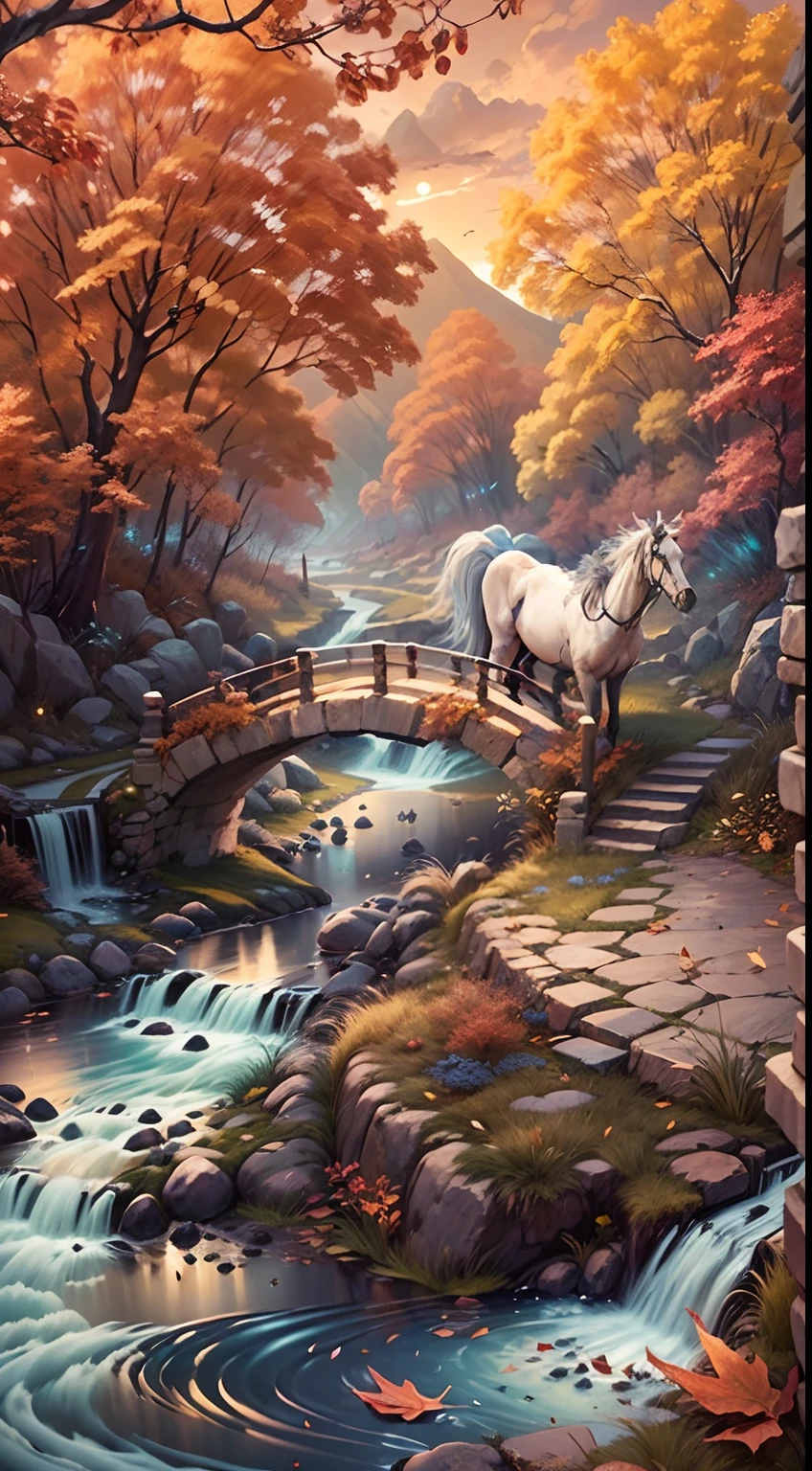 （Small bridges and flowing water，Ancient road west wind thin horse，Sunset，Broken intestines are at the end of the world）（Ancient paths lead into the distance），（The small arch bridge is over a small river，The river meanders into the distance），（The sky is windy，Fluttering yellow leaves），（A skinny white horse is pacing），（The vista is a slanted view of the setting sun），（The afterglow of the setting sun shines through the clouds），（Autumn tones），（Chinese ancient style ink landscape painting style），（Masterpiece），（Extremely detailed picture），（light and shadow effect），（Movie lighting），（cinema4d），（Light particle tracing），（rendering by octane），（Unreal 5），（Layered artistic effects），（Best Painting），（Master painting），（8K分辨率），photorealestic，realisticlying