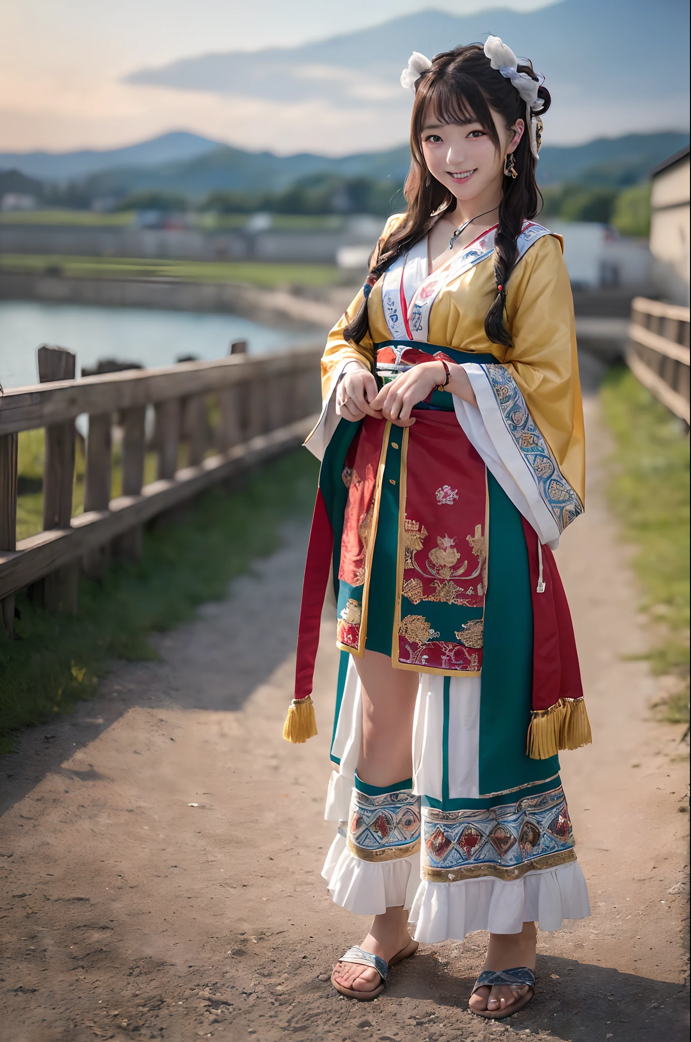 ((8K、Raw photography、Top image quality、masterpiece、:1.2)), (realisitic、Photorealsitic:1.3), Ainu female idols, Cute 15 year old woman in Ainu costume, Female Idol Style Costume, Beautiful bare feet, Smile with all your might, Stage of an outdoor concert venue, Background of Hokkaido, cowboy shot, dynamic ungle