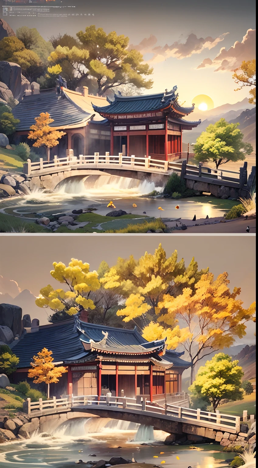 （Small bridges and flowing water，Ancient road west wind thin horse，Sunset，Broken intestines are at the end of the world）（Ancient paths lead into the distance），（The small arch bridge is over a small river，The river meanders into the distance），（The sky is windy，Fluttering yellow leaves），（A skinny white horse is pacing），（The vista is a slanted view of the setting sun），（The afterglow of the setting sun shines through the clouds），（Autumn tones），（Chinese ancient style ink landscape painting style），（Masterpiece），（Extremely detailed picture），（light and shadow effect），（Movie lighting），（cinema4d），（Light particle tracing），（rendering by octane），（Unreal 5），（Layered artistic effects），（Best Painting），（Master painting），（8K分辨率），photorealestic，realisticlying
