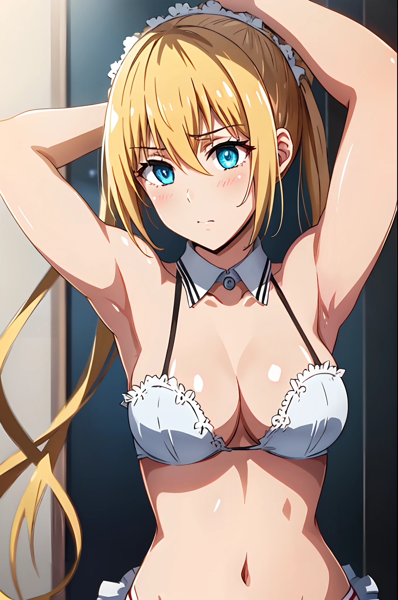 (masterpiece:1.2), best quality, high resolution, unity 8k wallpaper, (illustration:0.8), (beautiful detailed eyes:1.6), perfect lighting, , (perfect hands, perfect anatomy), 1 girls, solo, ((kaho hinata )), yelllow hair, twintails, blue eyes, maid, underwear, (medium breasts),one arm behind head, showed armpits, blush, navel, bangs, cafe,