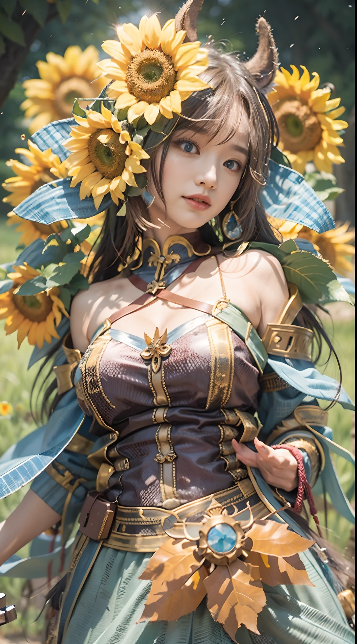 In a very grand scene，The extra-large wide-angle lens captures the appearance of a female centaur。She is a Sunflower Worship nun。She is tall，It has the ultimate curvy beauty，The muscles are slender and firm，Beautiful lines。She has（Super huge sky blue eyes：99.99），Always with sexy glasses。（She wears solemn nun attire：9.9），Stepping on a boot-style skyscraper-heel，A pink cross hangs from his chest。（In front of her is the world's only knitted sunflower potted plant with a super healing smile：99.99），This is the icon of God woven from high-grade yarn。Use Midjourney's advanced tools，Design noble and solemn nun costumes for female centaurs，and highlight her unique physiological characteristics and appearance details，Add realism。And in the context of her prayers and listening to confessions，Spectacular views of nature，Such as the sky where storms and sunny days alternate、Brilliant rivers of stars and auroras、The snow-capped summit of Mount Everest、Fireworks in the mountain town, etc。ao mesmo tempo，Away from the hustle and bustle next to the chapel，Create a fantastic scene。Use Midjourney's advanced tools and multiple color palettes、Brush Strokes、Texture tools and model packages，It shows a sense of atmosphere where beauty and charm coexist。The charm of the female centaur is highlighted through color and lines，Enhance realism with detailing，Create a surreal dreamy feeling。Additionally，Use Midjourney's tools to add various exorcism props and books to the female centaur、pergaminhos，Create intricate hairstyles and outfits，Give her a sense of premium。She never flinches，No matter what monster you encounter，can respond quickly，Even the most extreme armies of natural disasters and monsters could not stop her and her front（The only sunflower in the picture with the Tyndall effect exuding sunlight：999.9）。Use Midjourney's powerful tools，You can do it with incredible detail and beauty，Bring this ultra-grand and beautiful scene to life。Ultra-grand scenes，super wide shot， hdr，（真实感，Masterpiec