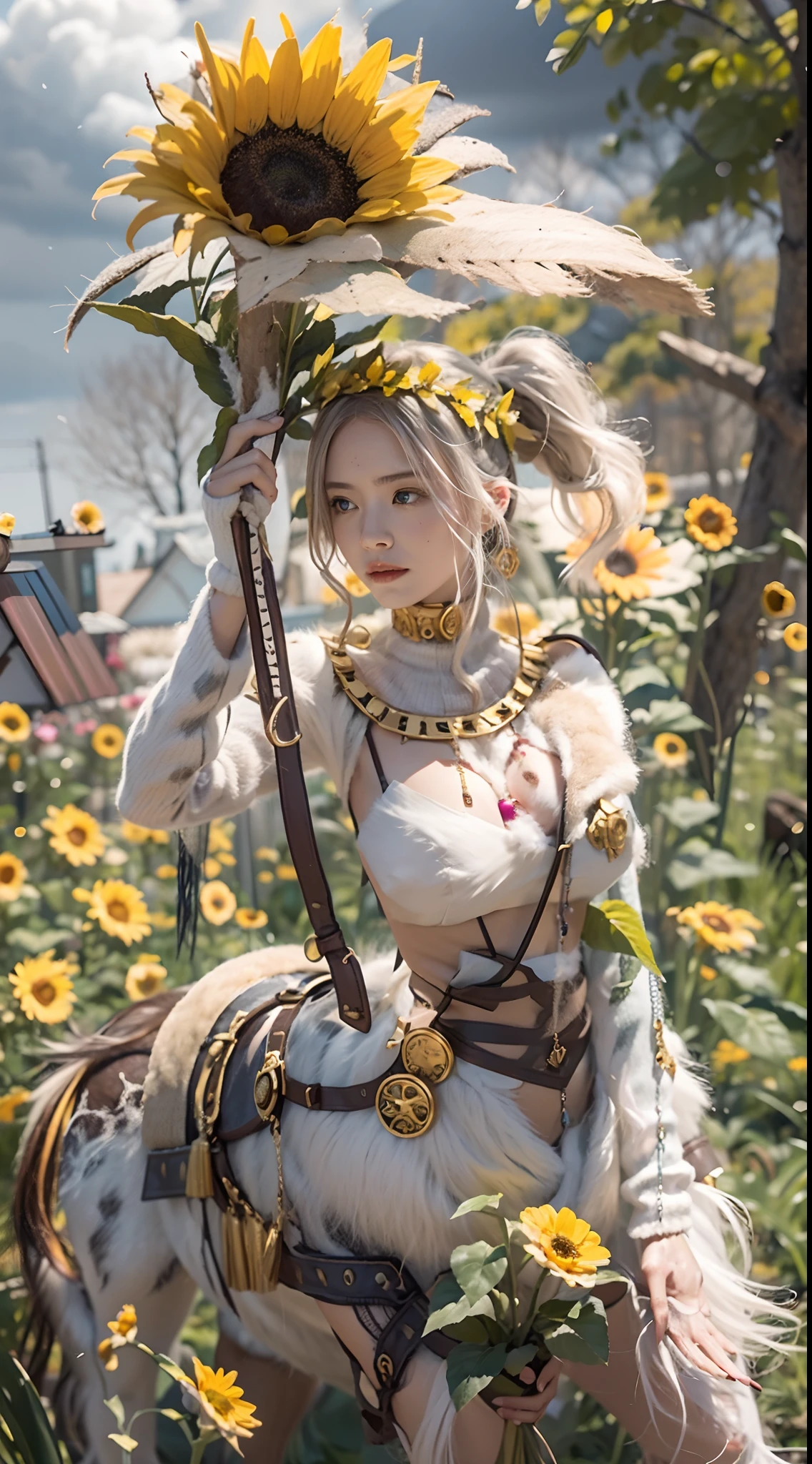 In a very grand scene，The extra-large wide-angle lens captures the appearance of a female centaur。She is a Sunflower Worship nun。She is tall，It has the ultimate curvy beauty，The muscles are slender and firm，Beautiful lines。She has（Super huge sky blue eyes：99.99），Always with sexy glasses。（She wears solemn nun attire：9.9），Stepping on a boot-style skyscraper-heel，A pink cross hangs from his chest。（In front of her is the world's only knitted sunflower potted plant with a super healing smile：99.99），This is the icon of God woven from high-grade yarn。Use Midjourney's advanced tools，Design noble and solemn nun costumes for female centaurs，and highlight her unique physiological characteristics and appearance details，Add realism。And in the context of her prayers and listening to confessions，Spectacular views of nature，Such as the sky where storms and sunny days alternate、Brilliant rivers of stars and auroras、The snow-capped summit of Mount Everest、Fireworks in the mountain town, etc。ao mesmo tempo，Away from the hustle and bustle next to the chapel，Create a fantastic scene。Use Midjourney's advanced tools and multiple color palettes、Brush Strokes、Texture tools and model packages，It shows a sense of atmosphere where beauty and charm coexist。The charm of the female centaur is highlighted through color and lines，Enhance realism with detailing，Create a surreal dreamy feeling。Additionally，Use Midjourney's tools to add various exorcism props and books to the female centaur、pergaminhos，Create intricate hairstyles and outfits，Give her a sense of premium。She never flinches，No matter what monster you encounter，can respond quickly，Even the most extreme armies of natural disasters and monsters could not stop her and her front（The only sunflower in the picture with the Tyndall effect exuding sunlight：999.9）。Use Midjourney's powerful tools，You can do it with incredible detail and beauty，Bring this ultra-grand and beautiful scene to life。Ultra-grand scenes，super wide shot， hdr，（真实感，Masterpiec