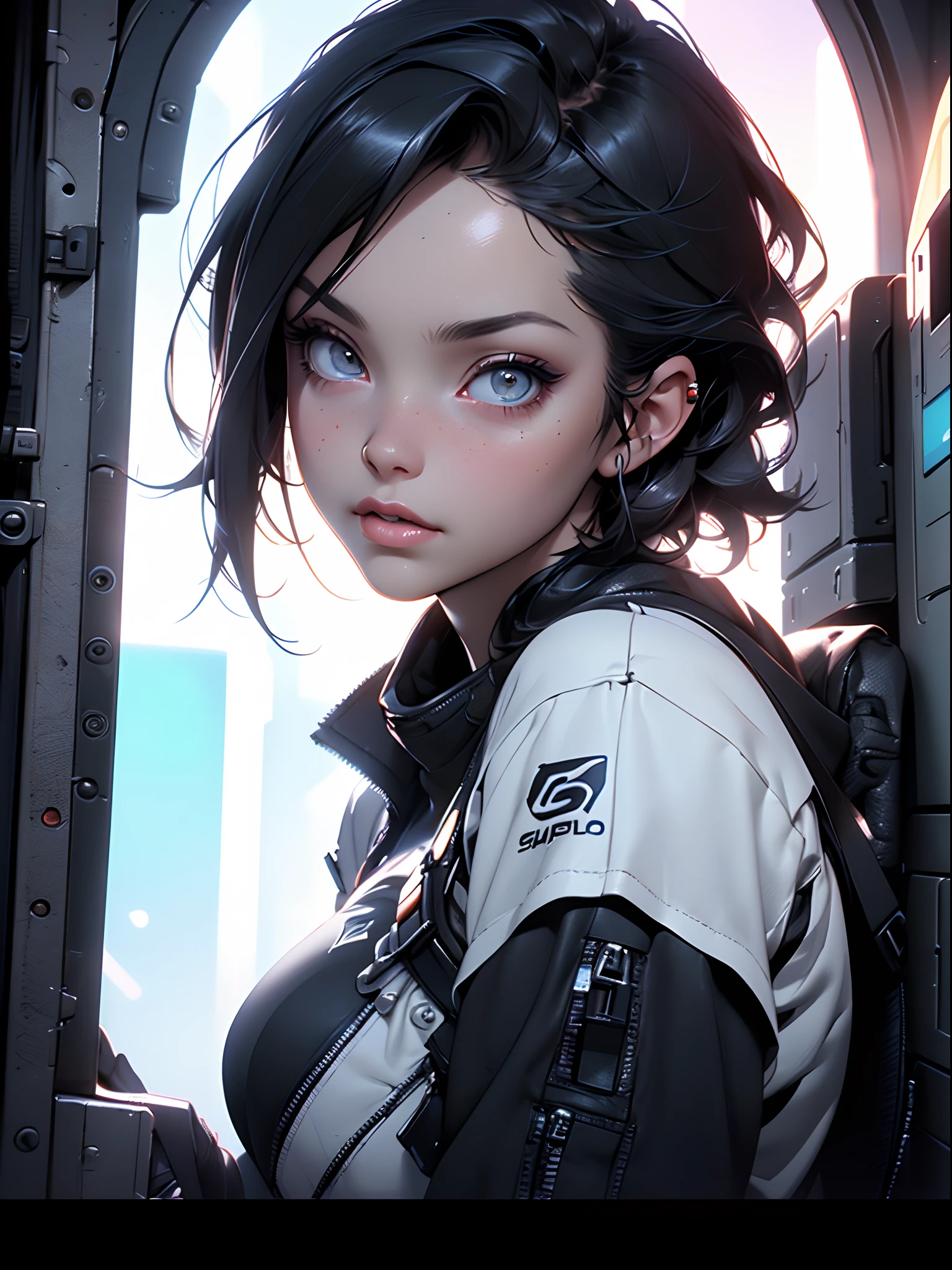 (Best Quality), ((Masterpiece), (Detail: 1.4), 3D, A Beautiful Cyberpunk Woman, HDR (High Dynamic Range), Adult Woman, Clean Face, Sensual Pose, Tanned Skin, High Contrast, Short Colored Mohawk Hair, Ray Graphics by Clothing, On A Lunar Station, Ships Can Be Seen Through The Large Window, Satin Apparel, Ray Tracing, NVIDIA RTX, Super-Resolution, Unreal 5, Subsurface Scattering, PBR Textures, Post-Processing, Anisotropic Filtering, Depth of Field, Maximum Sharpness and Sharpening, Multilayer Textures, Albedo and Enhancement Maps, Surface Shading, Accurate simulation of light-material interactions, perfect proportions, Octane Render, Two-color light, large aperture, low ISO, white balance, rule of thirds, 8K RAW,