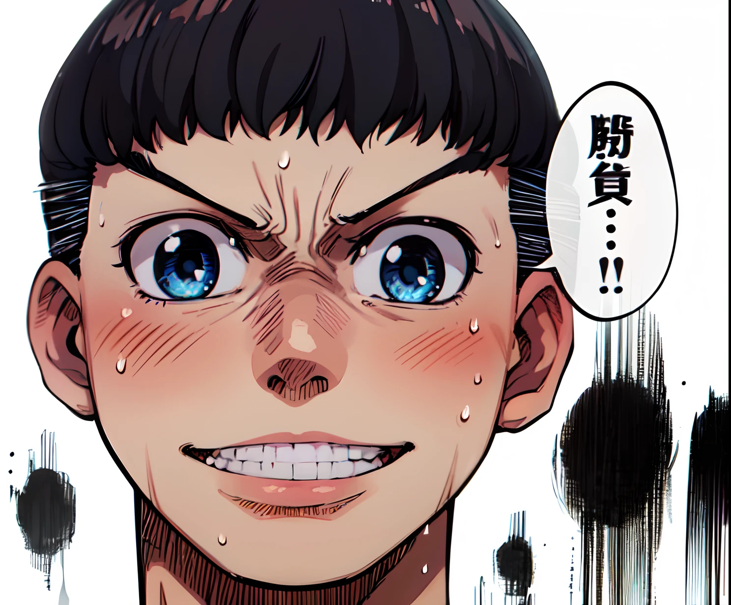 a anime of a boy cartoon, (tooth, teeth), black hair, sweat, blue eyes, manga, text manga, color manga, manga color, color manga, color manga panel, a white background