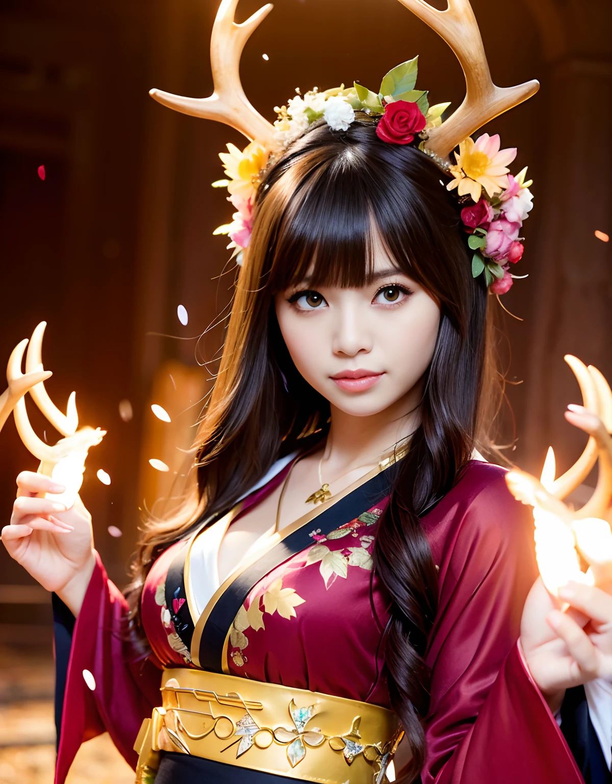 ((World of Darkness)),Professional , masterpiece、top-quality、photos realistic , depth of fields 、(Maiko's hairstyle)、(Maple background in full bloom),(Ultimate Beauty)、Red-haired、(Fight ninjas)、(Kimono with beautiful pattern)、(Night background)、((a dark night)),(Wear a beautiful kimono),(Wear a beautiful kimono with colorful floral patterns)、Jewel Gold Weapon、Particles of light),(Castle background)、Gorgeous gold weapons ,(( Gorgeous weapon Dragon Sword)) , (a dark night),,(maikurobikini) 、((Black Haired Beautiful Girl))、(Castle background)、(demonic wings)、((Gangle's forest background))、Beautiful Caucasian beauty、1a person、dynamic ungle,(((Two deer antlers on the head)))、Smaller head、Idle Smile、Thin and beautiful female hands、Mystical expression、Light Effects、intense fighting、Wind-effect、magic circles、With the legendary magic wand、Dragon's tail、Anatomically correct body、