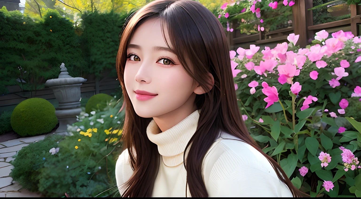 masterpiece,DSLR photo,analog style,nikon d5,real photo,a photo of a beautiful 20 year old woman,dramatic lighting (85mm),with Blooming garden in the background,(detailed facial features),(detailed shiny eyes),dynamic angle,Michelangelo style,long hair,turtleneck sweater,smiling face:1.4,