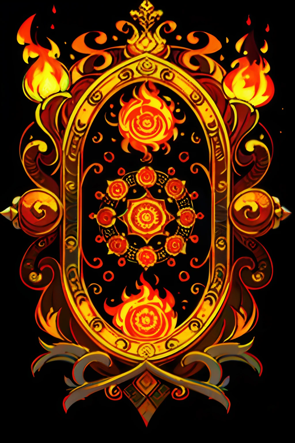 A round ornamental eight pointed mandala made of fire and flames surrounded by stone.