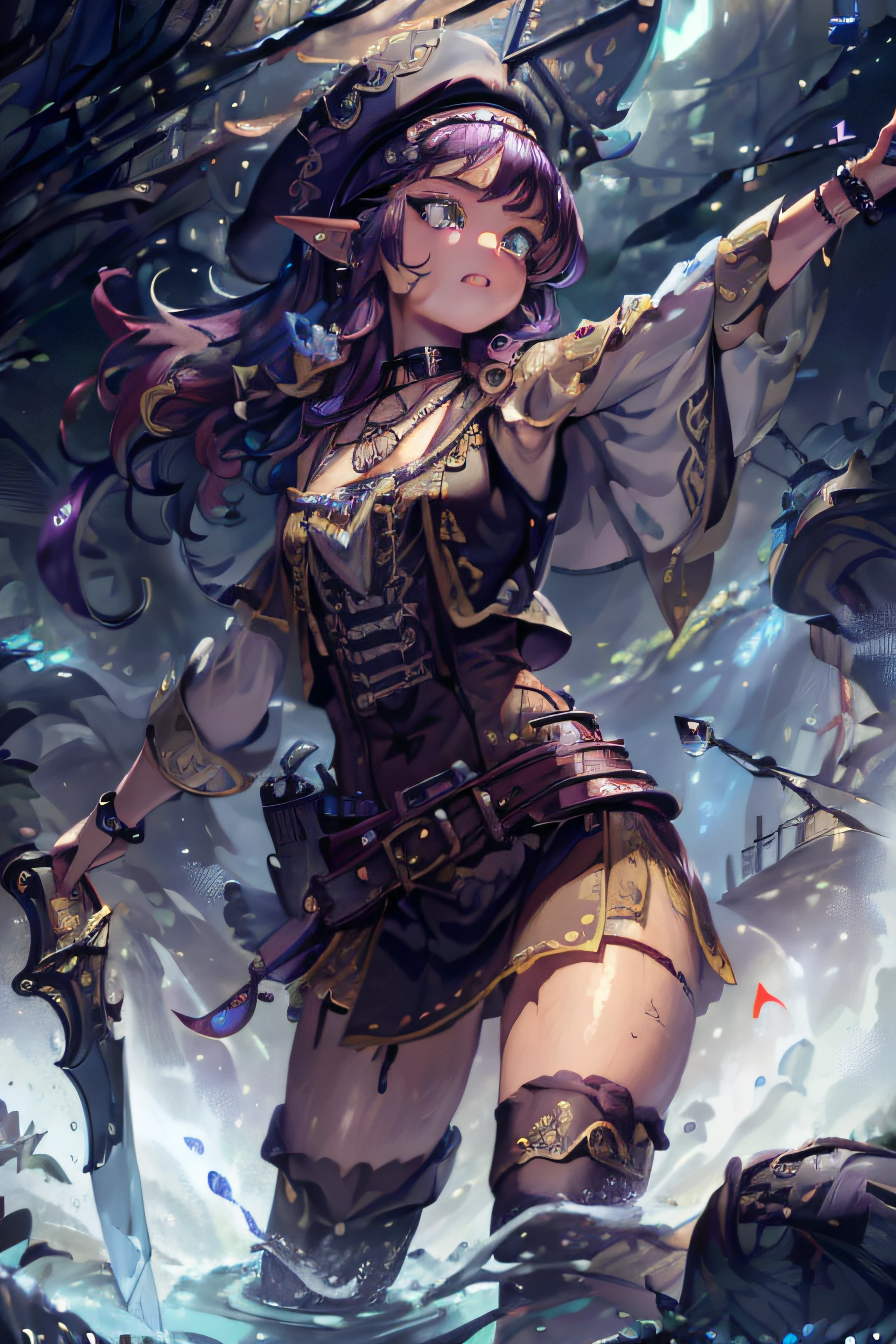 (best quality,4k,8k,highres,masterpiece:1.2),ultra-detailed,(realistic,photorealistic,photo-realistic:1.37),lalafell female pirate,purple hair,aiming pistol at viewer,expressive eyes,heterochromia,detailed facial features,fierce expression,dark-toned skin,stylish pirate outfit,bandana,fitted vest,long boots,sword strapped to belt,daring pose,strong and confident stance,motion lines for action,high-resolution illustration,rich shadows and highlights,vivid colors,deep purple color scheme,ambient lighting to create dramatic atmosphere, canonfire in the background, giant kraken in the background