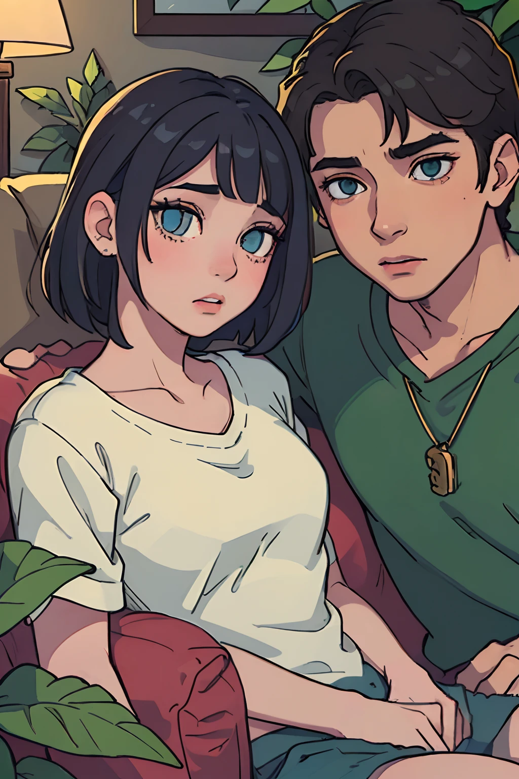 (a girl and a boy:1.1),(smoking weed:1.1),(bong:1.1),(sitting on a couch:1.1),(making out:1.1),(detailed faces:1.1), (beautiful eyes,beautiful lips,extremely detailed nose),(intense emotions:1.1),(relaxed atmosphere),(soft lighting),(realistic:1.37),(vivid colors),(bokeh),(portrait),(urban style),(lush greenery)