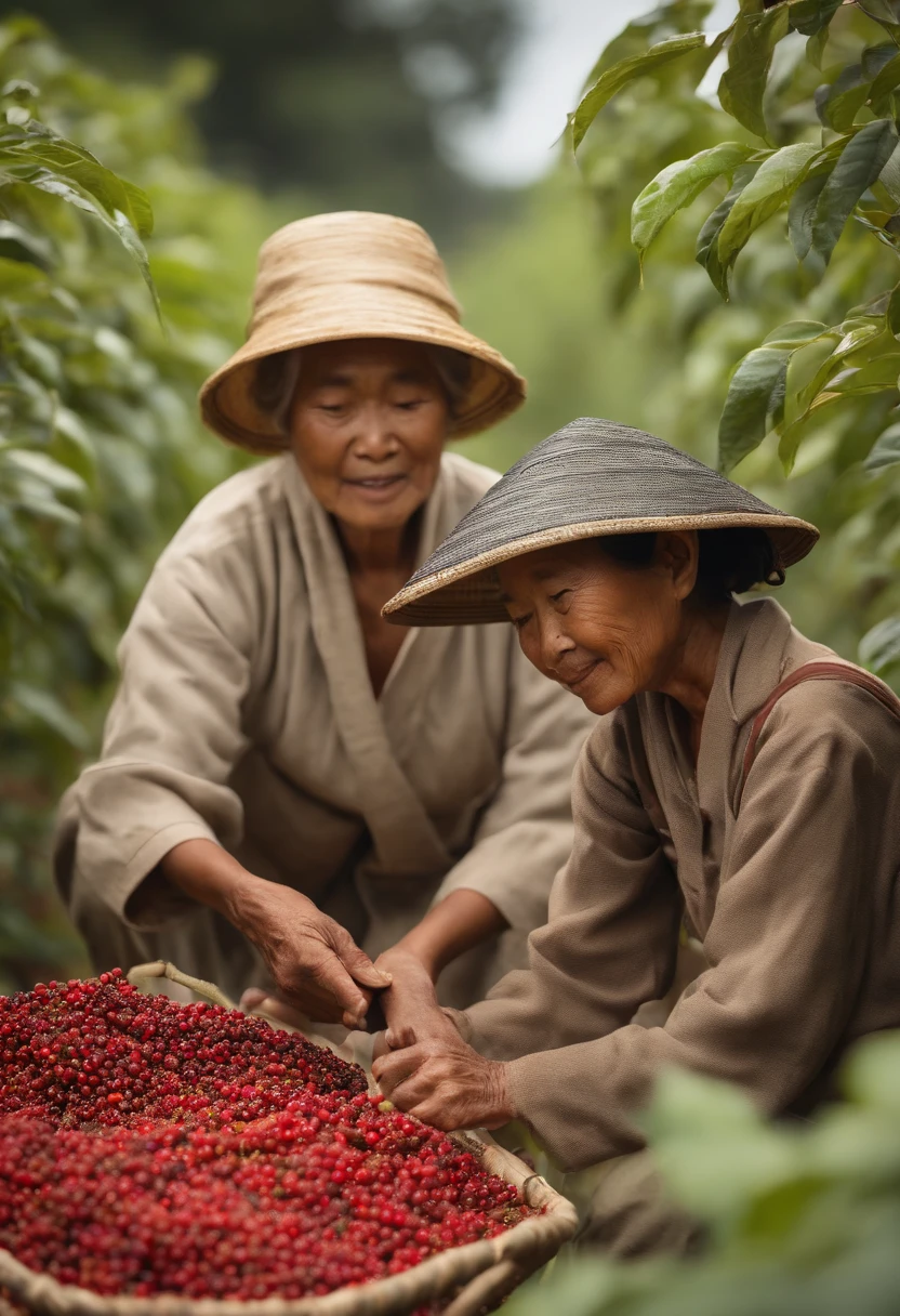A 68-year-old lady, black pepper farmer, of Japanese origin, harvesting black pepper on a plantation, accompanied by a -yeld bolso from Japan, learning how to do harvesting work, blurred background, quality photographic, 8k, 16:9 resolution.