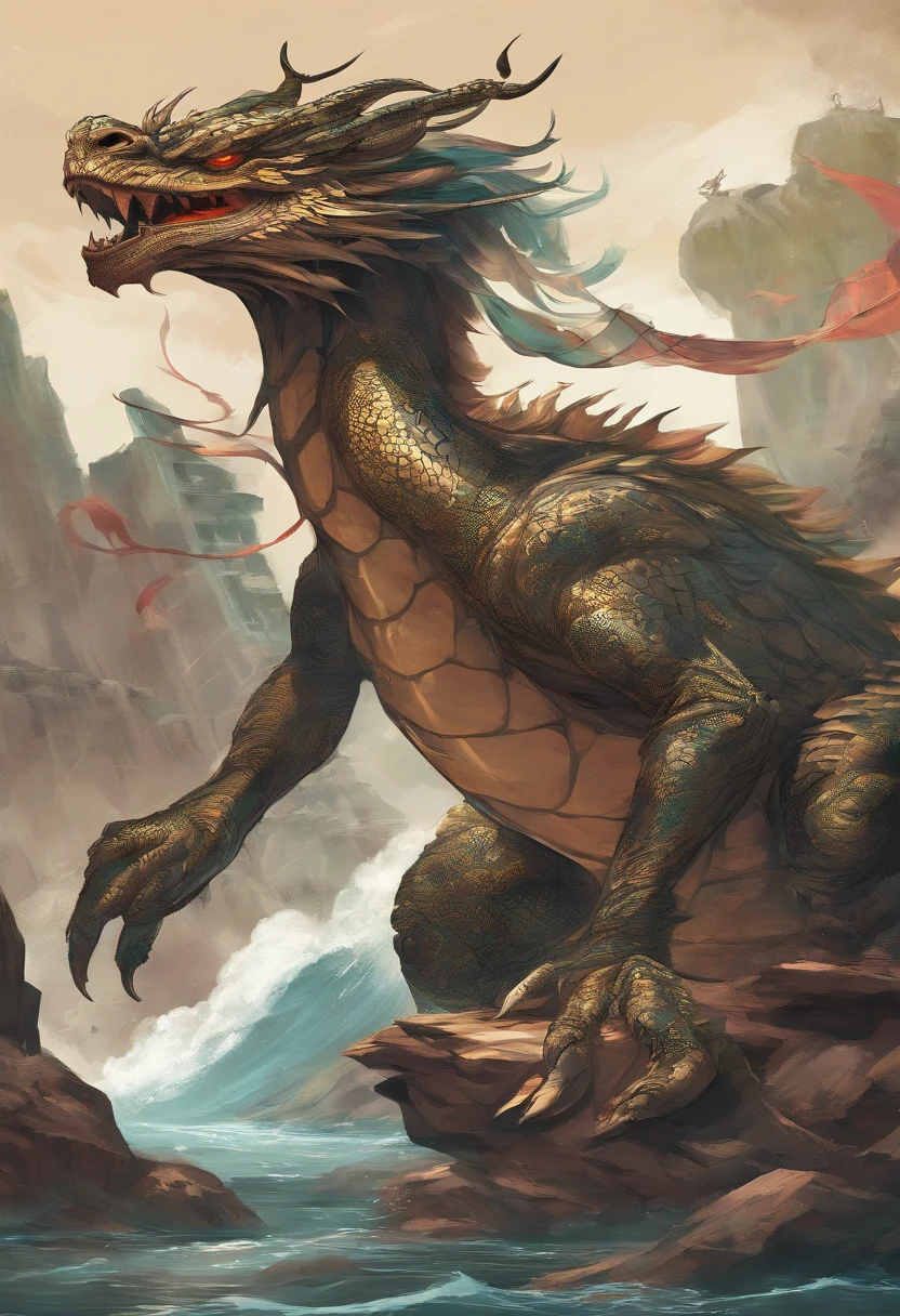 Dragon turtle,Huge, Heavy tortoiseshell shell,Chinese leader,The long tail of the snake,swell sea,China-style,oc rendered,super-fine,high qulity,A high resolution