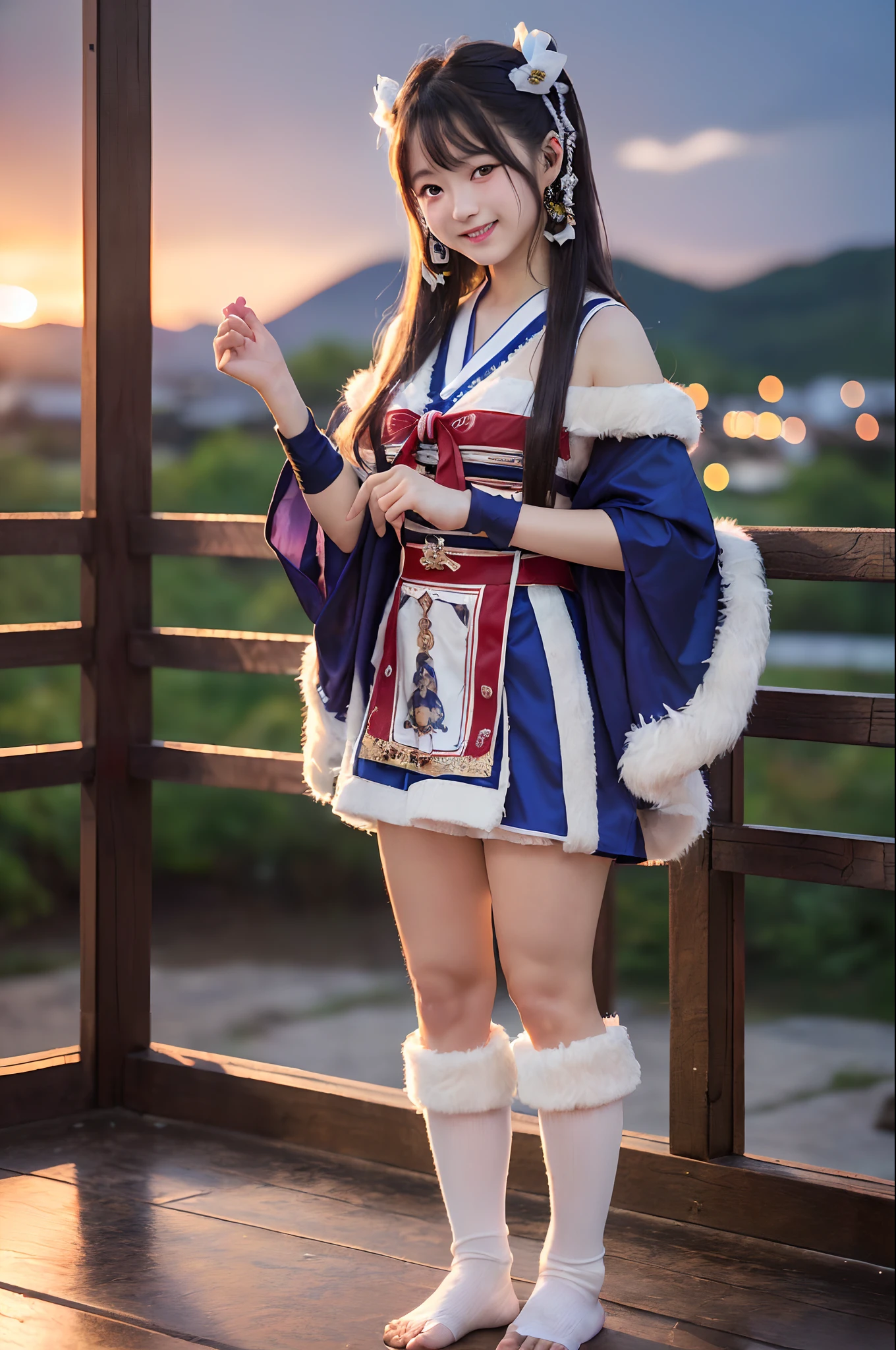 ((8K、Raw photography、Top image quality、masterpiece、:1.2)), (realisitic、Photorealsitic:1.3), Ainu female idols, Cute 15 year old woman in Ainu costume, Female Idol Style Costume, Beautiful bare feet, Smile with all your might, Stage of an outdoor concert venue, Background of Hokkaido, cowboy shot, dynamic ungle