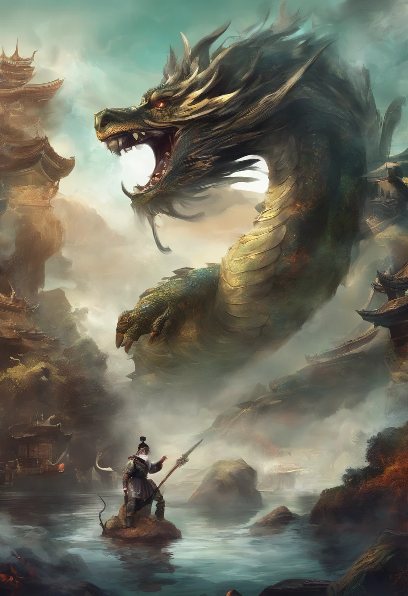 Dragon turtle,Huge, Heavy tortoiseshell shell,Chinese leader,The long tail of the snake,swell sea,China-style,oc rendered,super-fine,high qulity,A high resolution