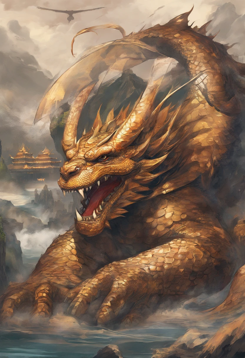 Dragon turtle,Huge, Heavy tortoiseshell shell,Chinese leader,The long tail of the snake,swell sea,China-style,oc rendered,super-fine,high qulity,A high resolution