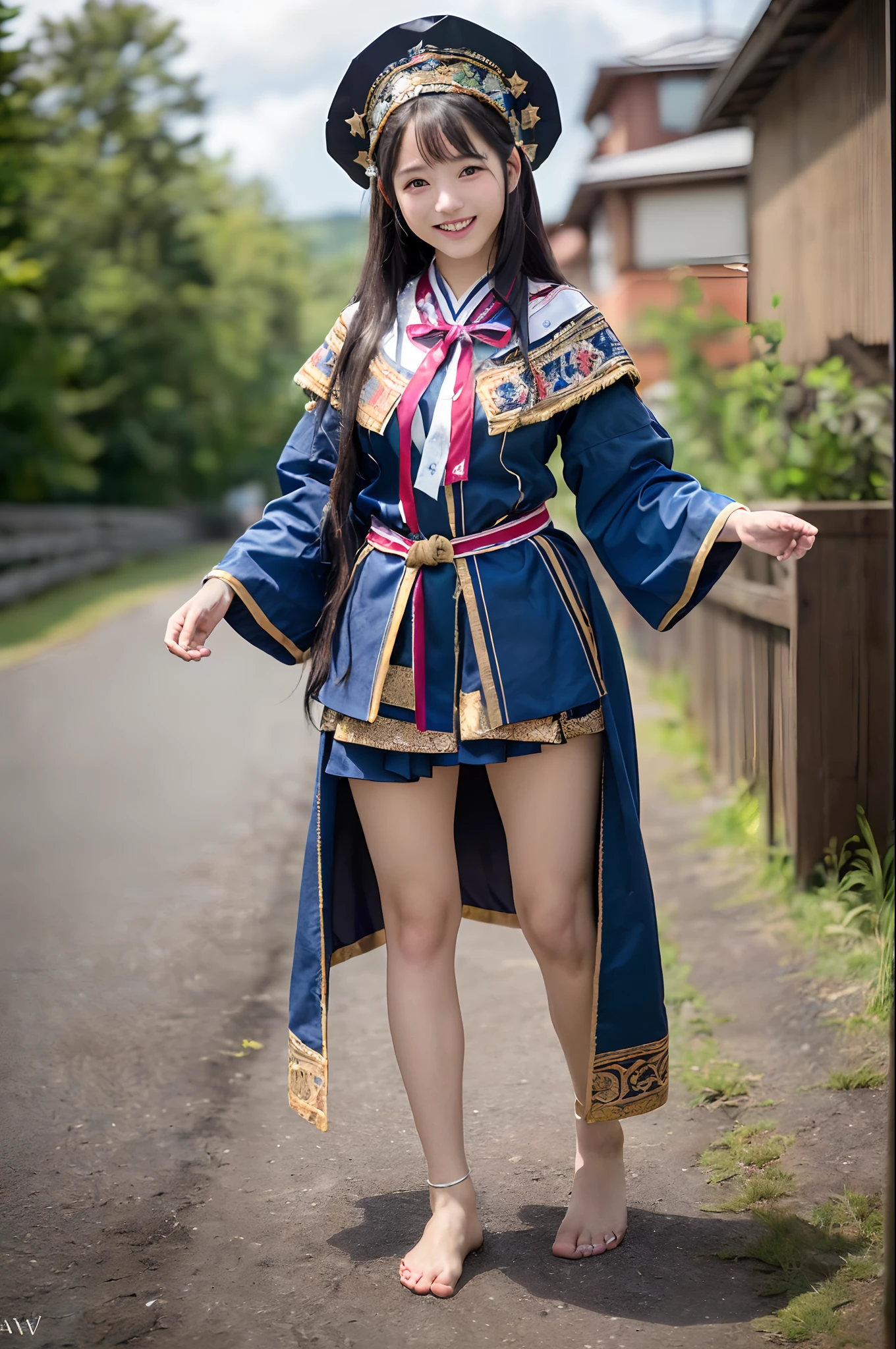 ((8K、Raw photography、Top image quality、masterpiece、:1.2)), (realisitic、Photorealsitic:1.3), Ainu female idols, Cute 15 year old woman in Ainu costume, Female Idol Style Costume, Beautiful bare feet, Smile with all your might, Stage of an outdoor concert venue, Background of Hokkaido, cowboy shot, dynamic ungle