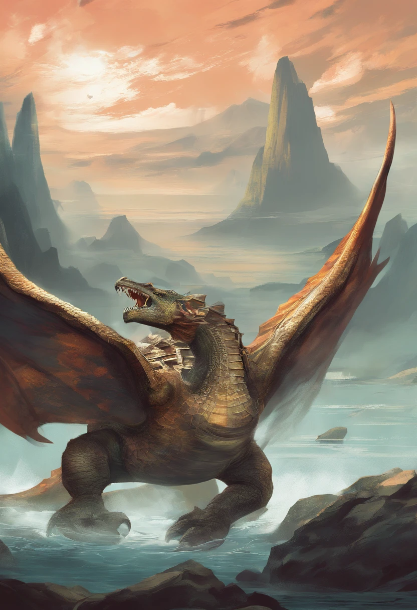 Dragon turtle，Huge, Heavy tortoiseshell shell，Chinese leader，The long tail of the snake，swell sea，China-style，oc rendered，super-fine，high qulity，A high resolution