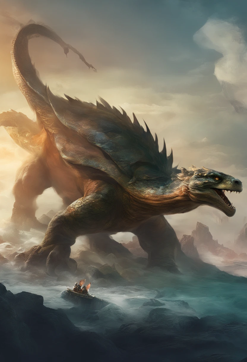 Dragon turtle,Huge, Heavy tortoiseshell shell,Chinese leader,The long tail of the snake,swell sea,China-style,oc rendered,super-fine,high qulity,A high resolution