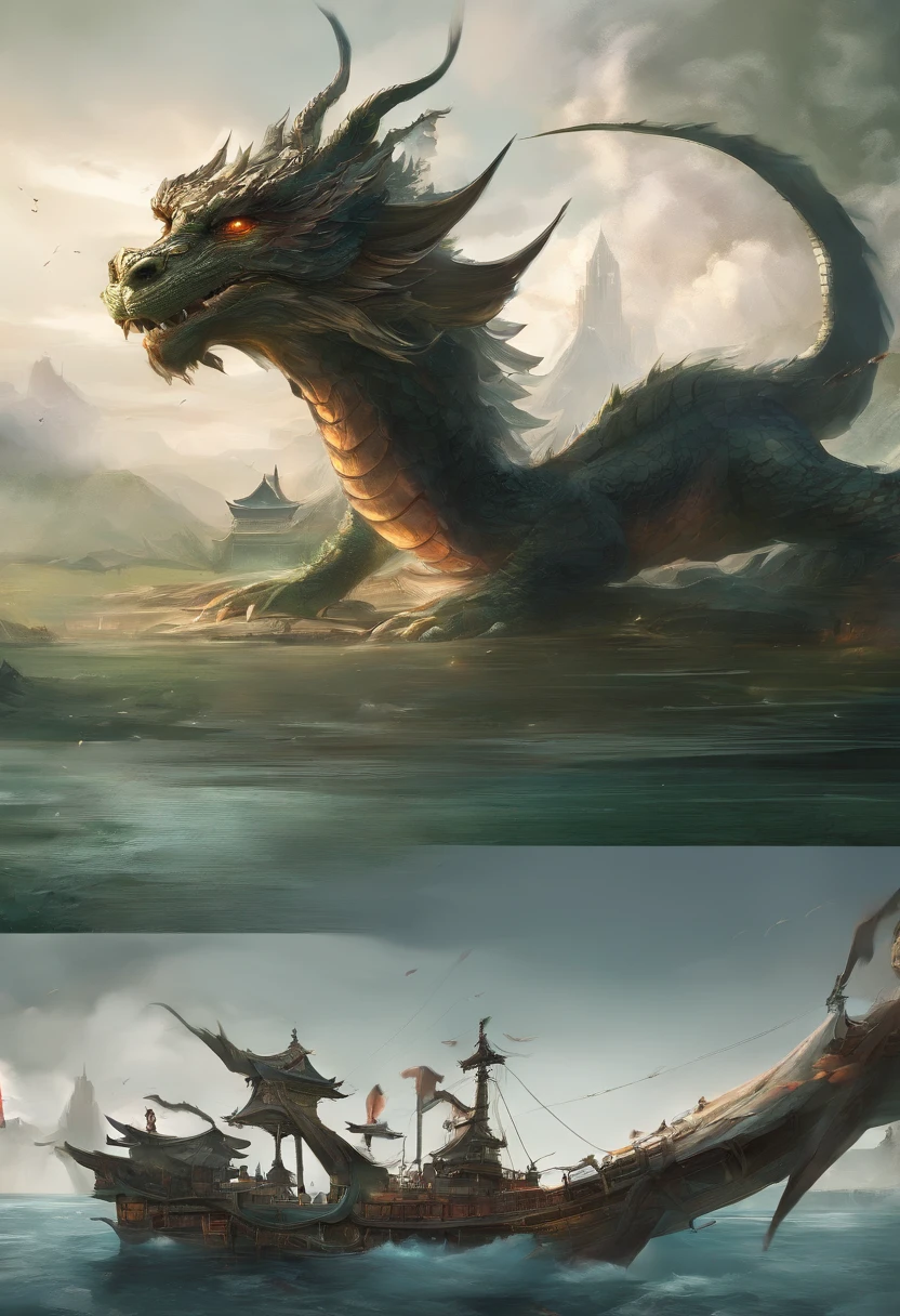 Dragon turtle,Huge, Heavy tortoiseshell shell,Chinese leader,The long tail of the snake,swell sea,China-style,oc rendered,super-fine,high qulity,A high resolution