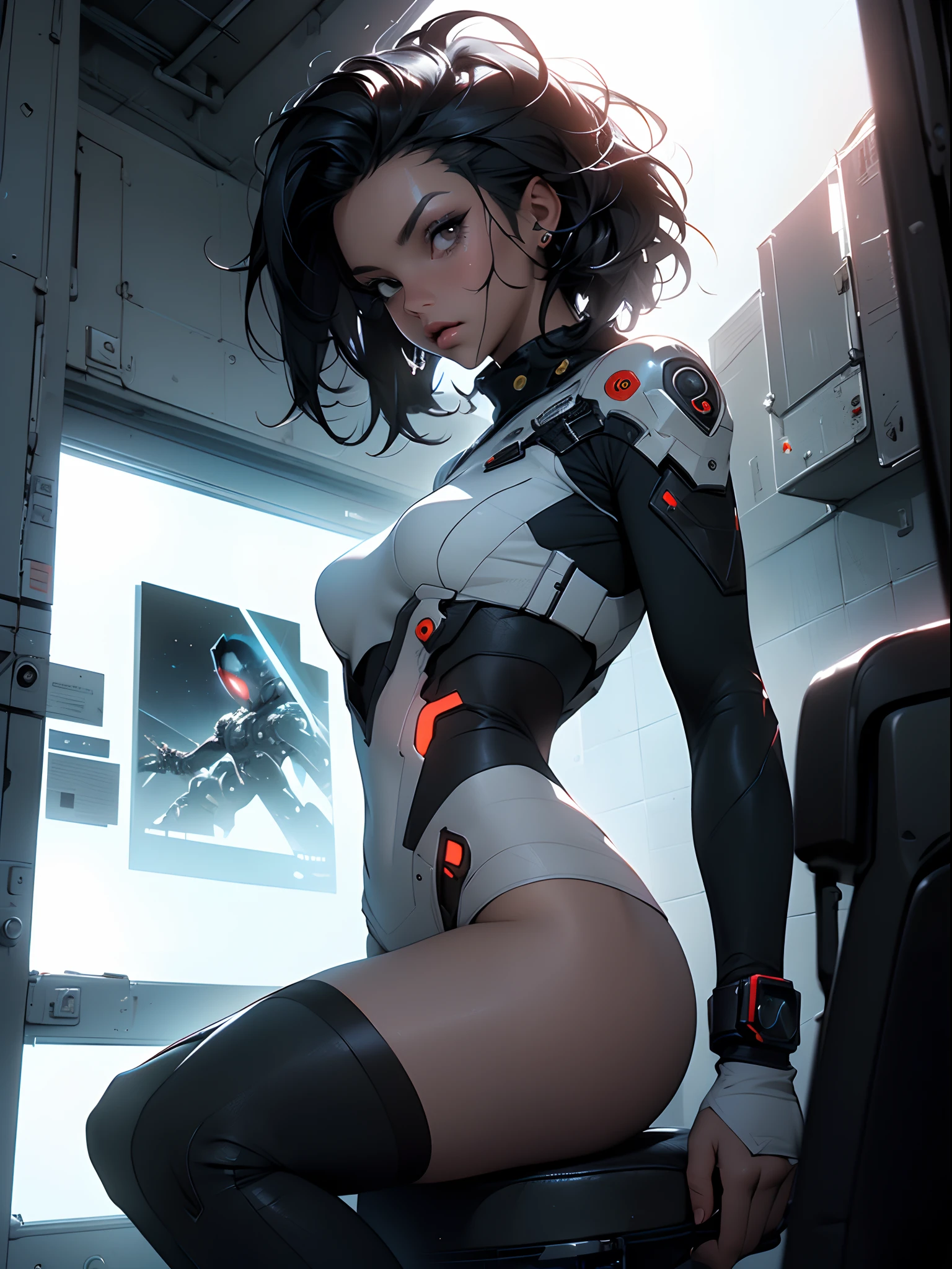 (Best Quality), ((Masterpiece), (Detail: 1.4), 3D, A Beautiful Cyberpunk Woman, HDR (High Dynamic Range), Adult Woman, Clean Face, Sensual Pose, Tanned Skin, High Contrast, Short Colored Mohawk Hair, Ray Graphics by Clothing, On A Lunar Station, Ships Can Be Seen Through The Large Window, Satin Apparel, Ray Tracing, NVIDIA RTX, Super-Resolution, Unreal 5, Subsurface Scattering, PBR Textures, Post-Processing, Anisotropic Filtering, Depth of Field, Maximum Sharpness and Sharpening, Multilayer Textures, Albedo and Enhancement Maps, Surface Shading, Accurate simulation of light-material interactions, perfect proportions, Octane Render, Two-color light, large aperture, low ISO, white balance, rule of thirds, 8K RAW,