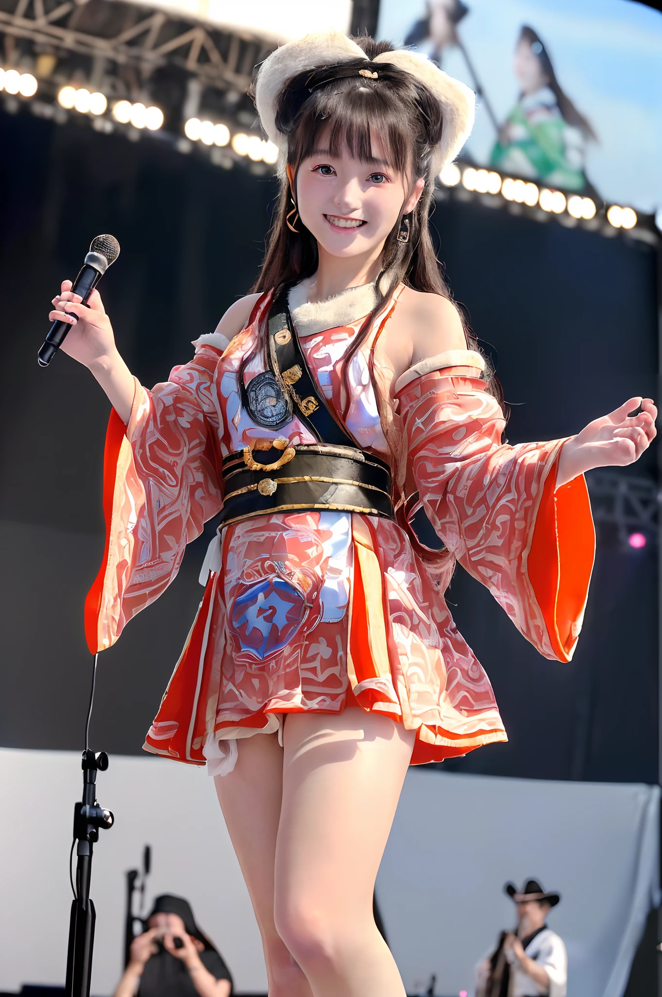 ((8K、Raw photography、Top image quality、​masterpiece、:1.2)), (realisitic、Photorealsitic:1.3), Ainu female idols, e 15 man in Ainu costume, Female Idol Style Costume, Beautiful bare feet, Smile with all your might, Stage of an outdoor concert venue, Background of Hokkaido, cowboy  shot, dynamic ungle