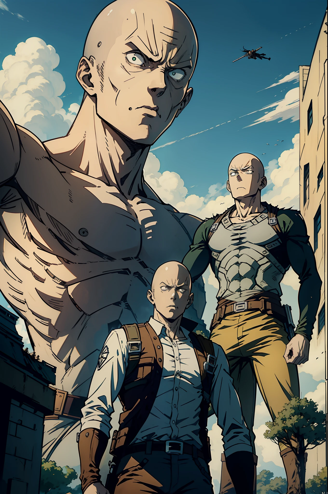 Attack on Titan, one punch man, Saitama VS Giant, Saitama confronting giants