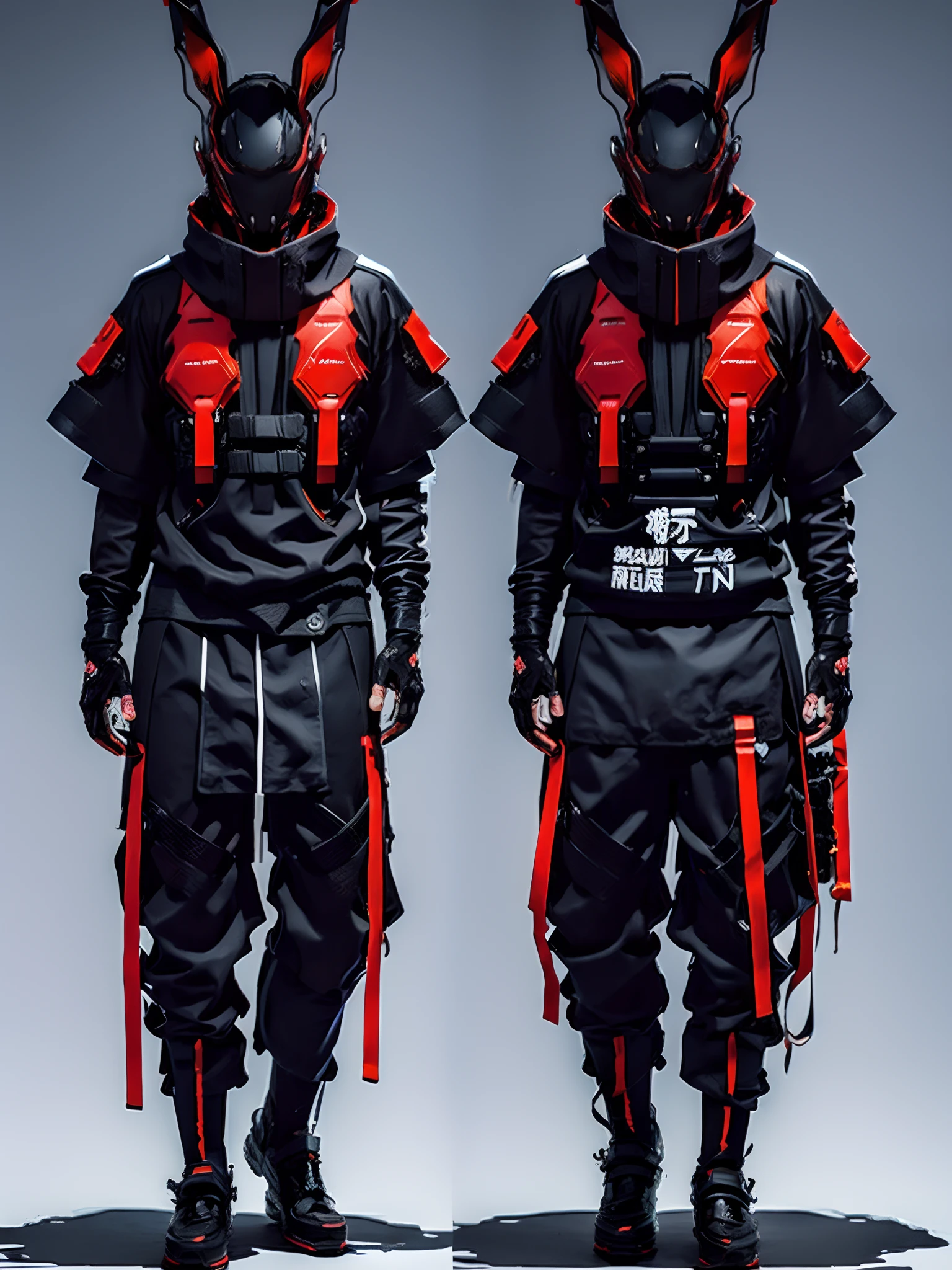 Dark fantasy full body a realistic rabbit samurai with high-resolution red, grey and black, rabbit head, tactical suit, mech details, techwear