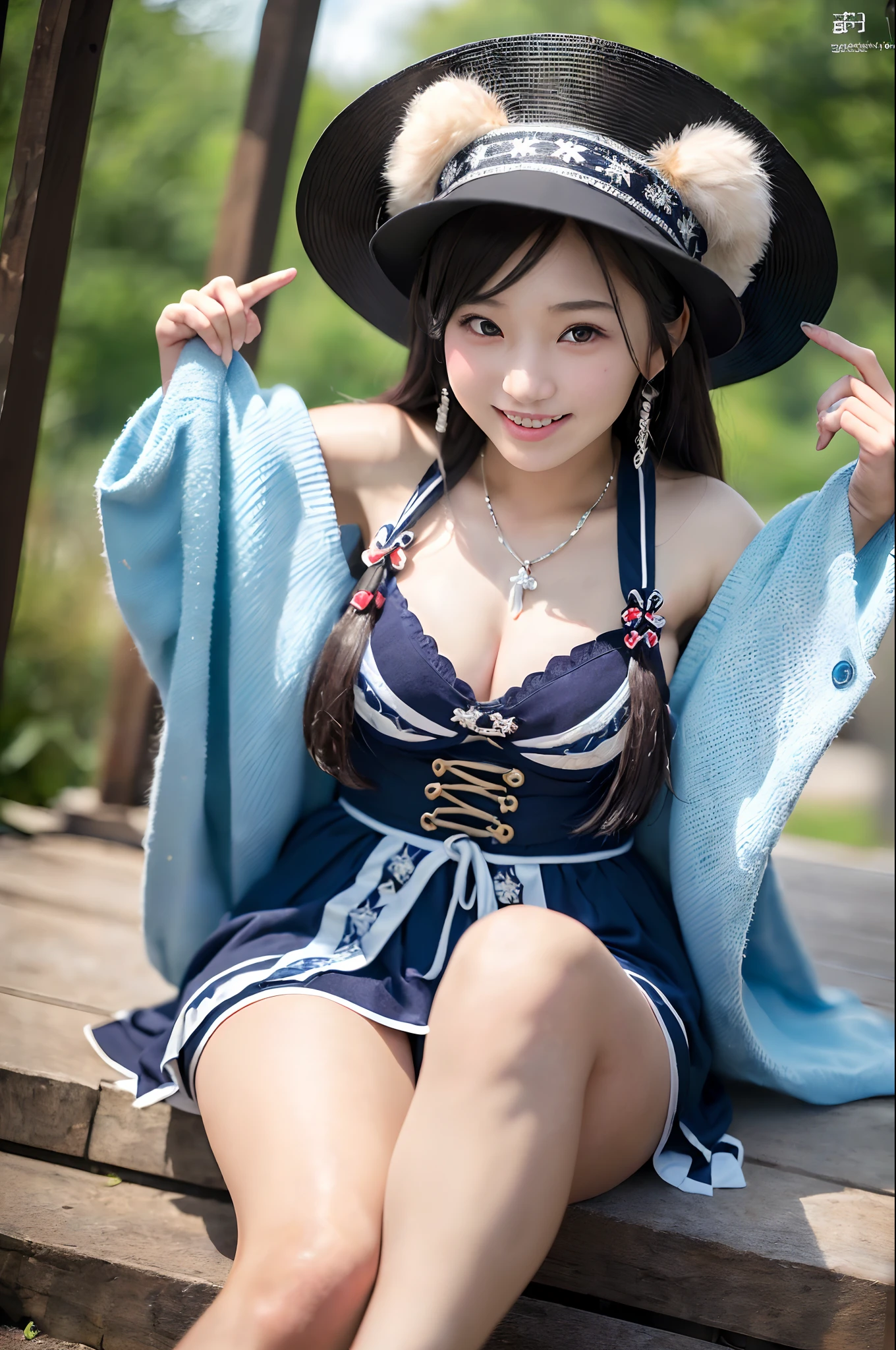 ((8K、Raw photography、Top image quality、masterpiece、:1.2)), (realisitic、Photorealsitic:1.3), Ainu female idols, Cute 15 year old woman in Ainu costume, Female Idol Style Costume, Beautiful bare feet, Smile with all your might, Stage of an outdoor concert venue, Background of Hokkaido, cowboy shot, dynamic ungle